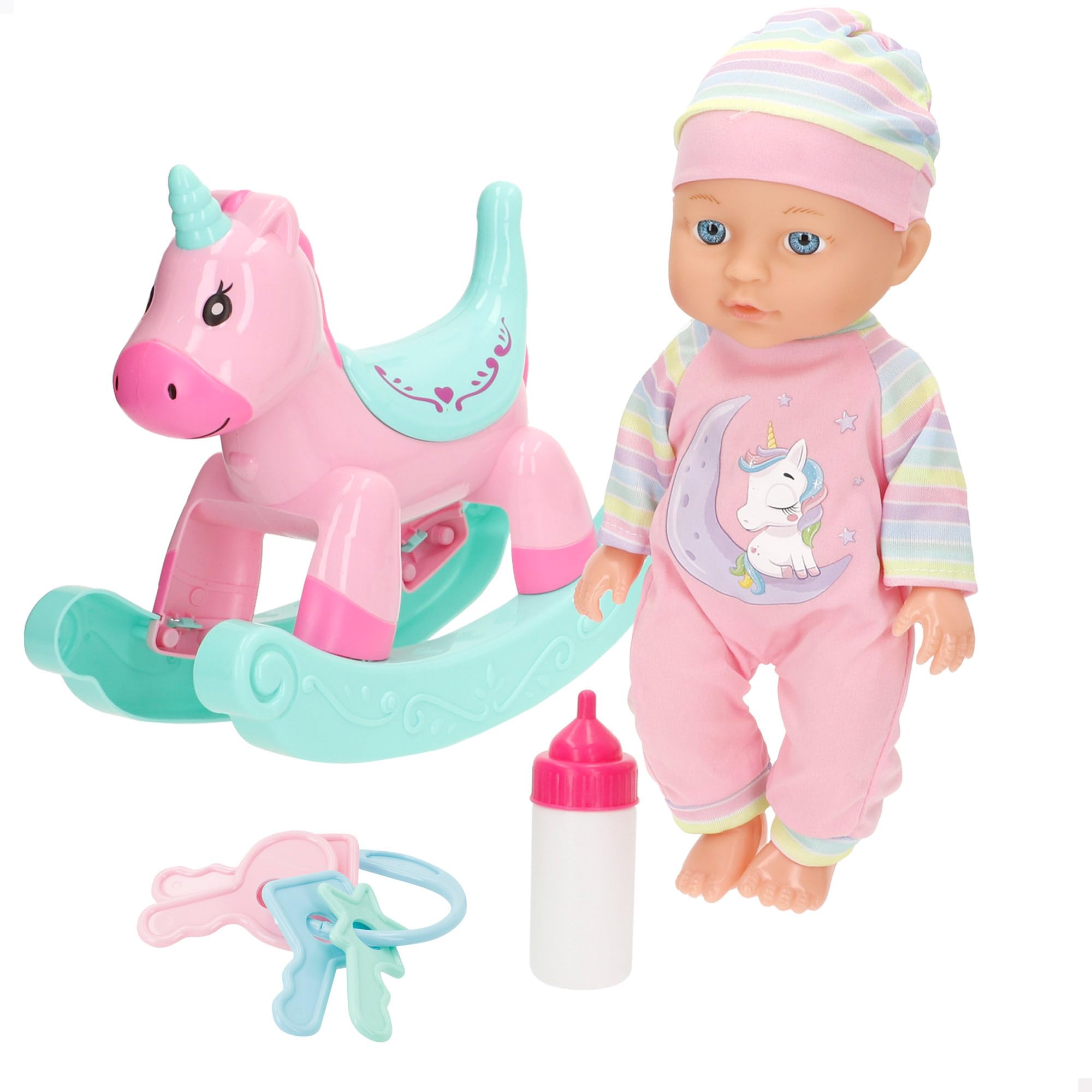 ColorBaby Colorbaby's Muñeco bebé, Mide 30 cm, Incluye balancín, Biberón, Extremidades articuladas, Muñecas para niñas, Juguete niña 24 Meses, Juguetes niños 2 años (39346)