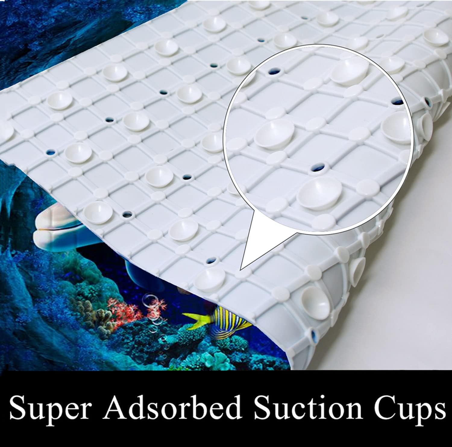 Navy Blue Non Slip Bath Tub Mat Ocean Shower Mat Non-Slip Cute Dolphin Blue Sea Ocean Fish Bathtub Mats with Suction Cups and Drain Holes Bathroom Soft Showermat 15"x27"