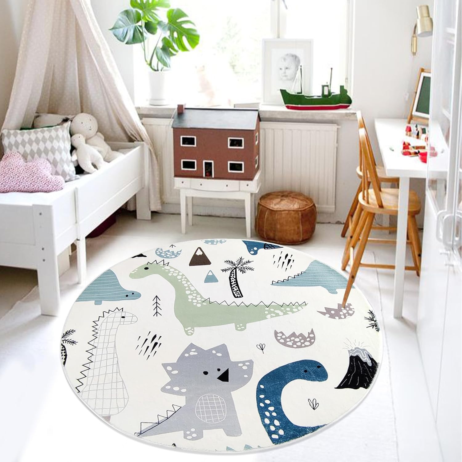 Kids Rug 5Ft Round Dinosaur Carpet for Boys Bedroom Circle Nursery Play Mat Animal Playroom Area Rug for Children Boys Girls Cars, Nonslip, Jungle, Classroom Decor