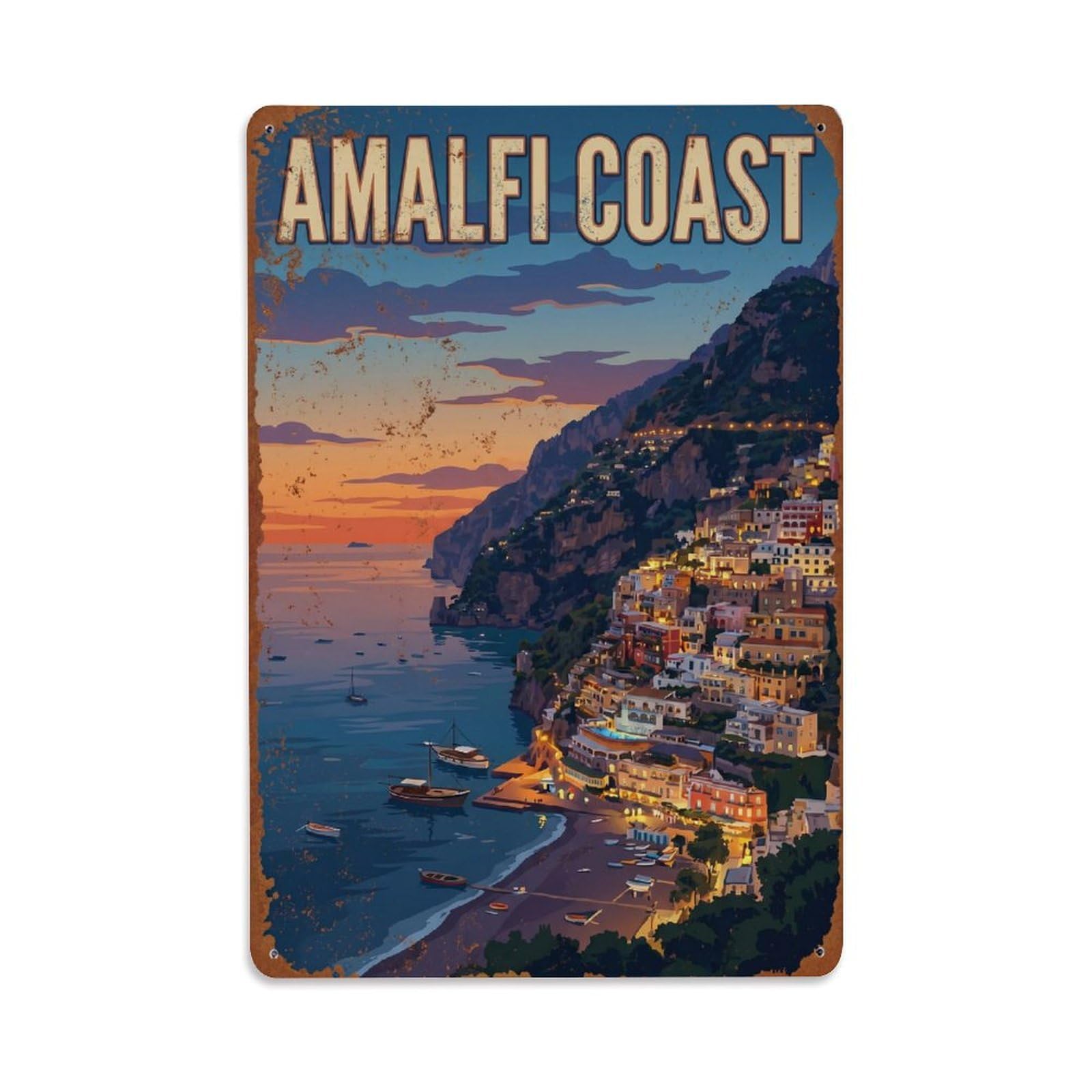 Vintage Travel Dusk Italy Coastal Metal Tin Sign