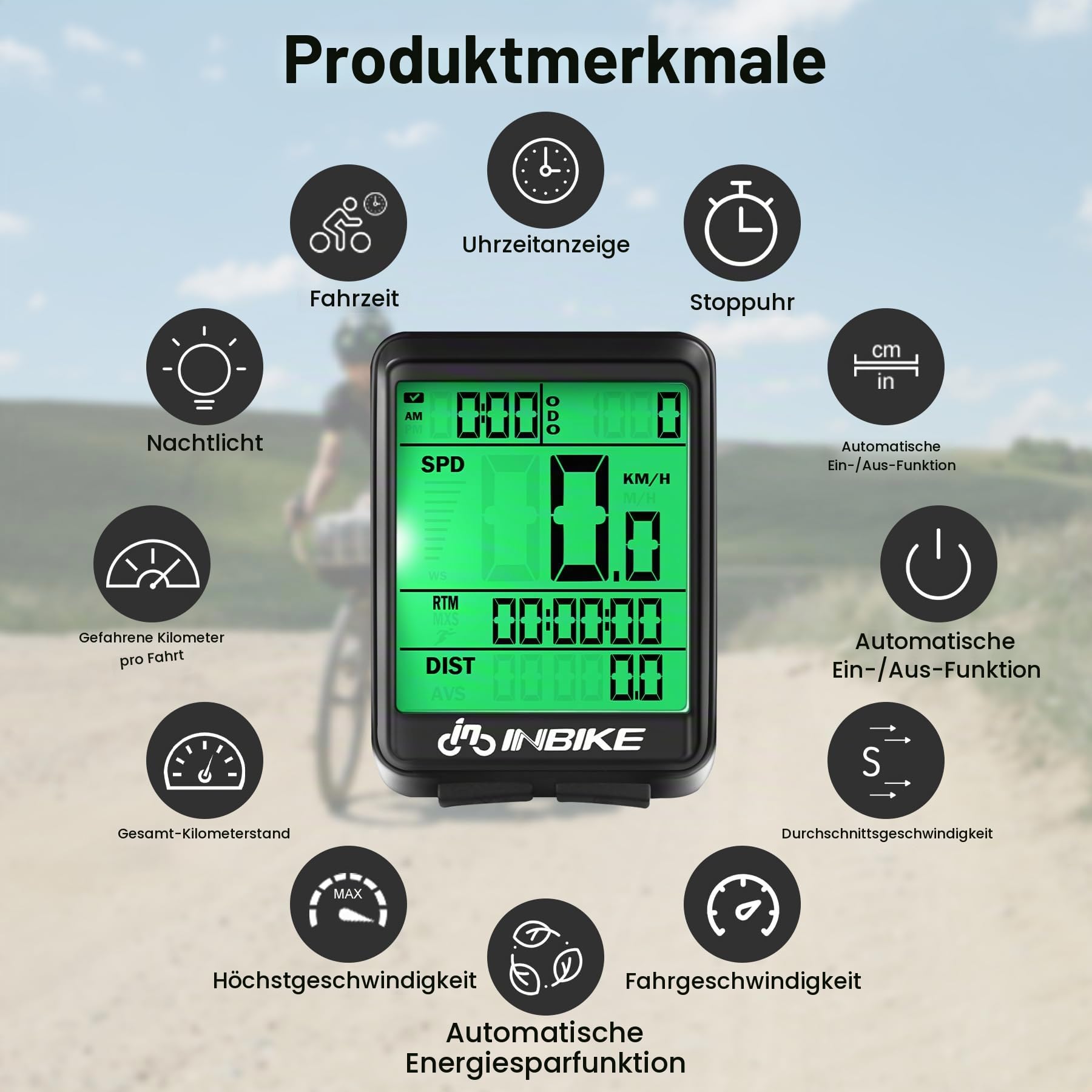 INBIKE Fahrradcomputer Kabellos Fahrradtacho Tachometer Kilometerzähler Fahrrad Kabellos Wasserdicht mit LCD Display Automatisches Aufwachen Radtachometer Radcomputer Grün Sport & Freizeit