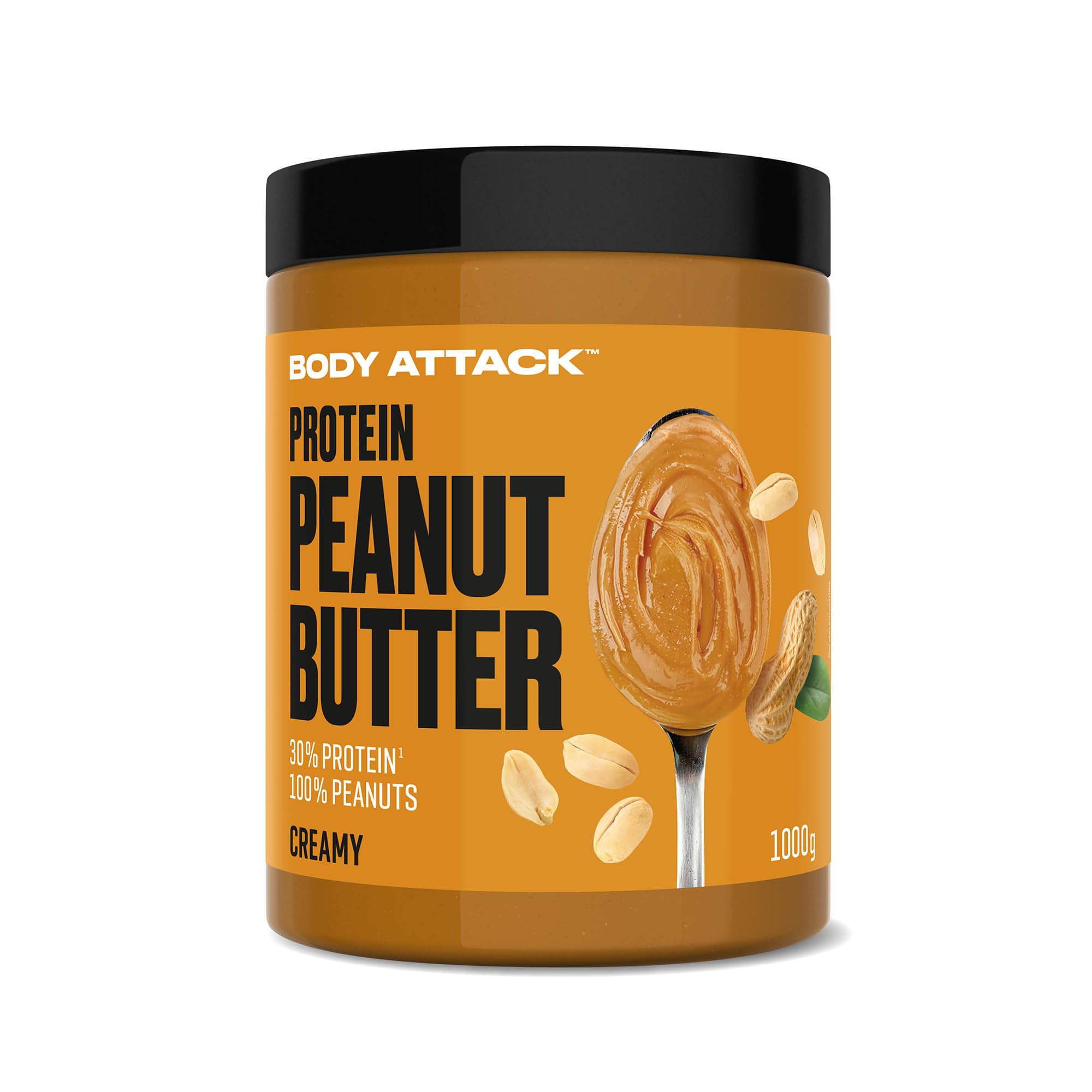 Body Attack Peanut Butter Creamy, 1kg - Erdnussbutter 30% Protein ohne Zuckerzusatz, vegan, ohne palmöl