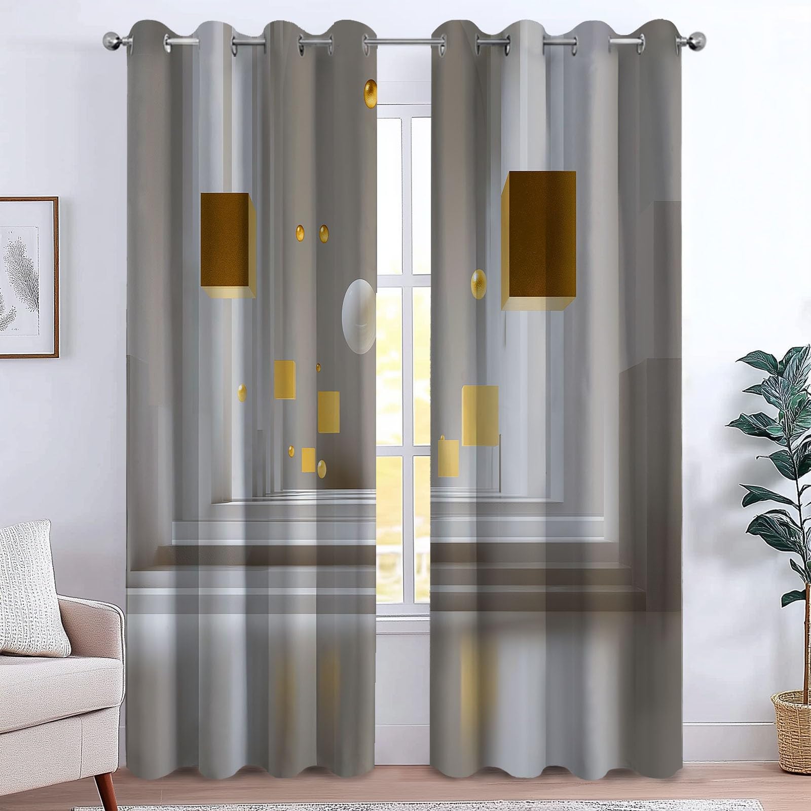 Arte Digital Cortinas Opacas Cubos Geométricos Esferas Doradas Cubos,140 x 260 cm (2 Paneles), con Ojales - Tratamientos de Ventana Estampados para Dormitorio o Sala de Estar