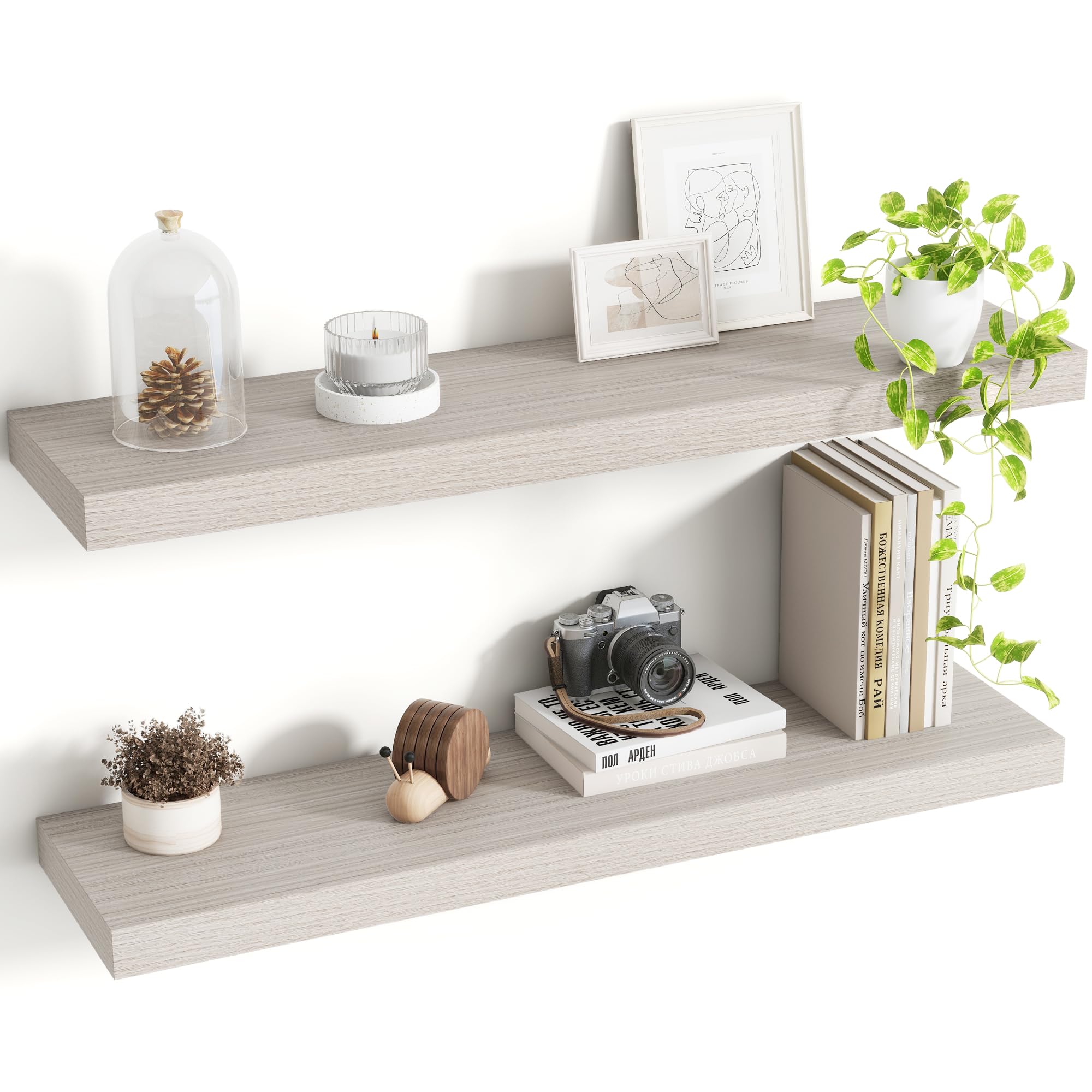 Acovy 30 Inch Floating Shelves, 8 Inch Deep Floating Shelves for Wall, Hanging Shelf with Invisible Brackets, Deep Shelves for Bathroom, Bedroom, Living Room, Grey, Set of 2