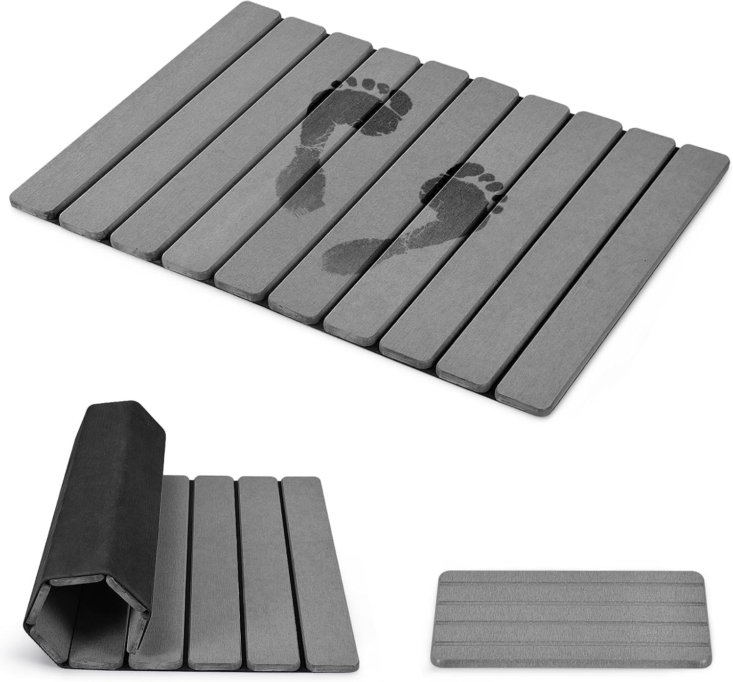 Stone Bath Mat for Bathroom, Quick-Dry Diatomaceous Earth Stone Drying Mat for Bathroom, Foldable Non-Slip Rubber Base, Shower Mat Outside Shower, Easy to Store, Easy to Clean (Gray 24"×16" & 8"x4")