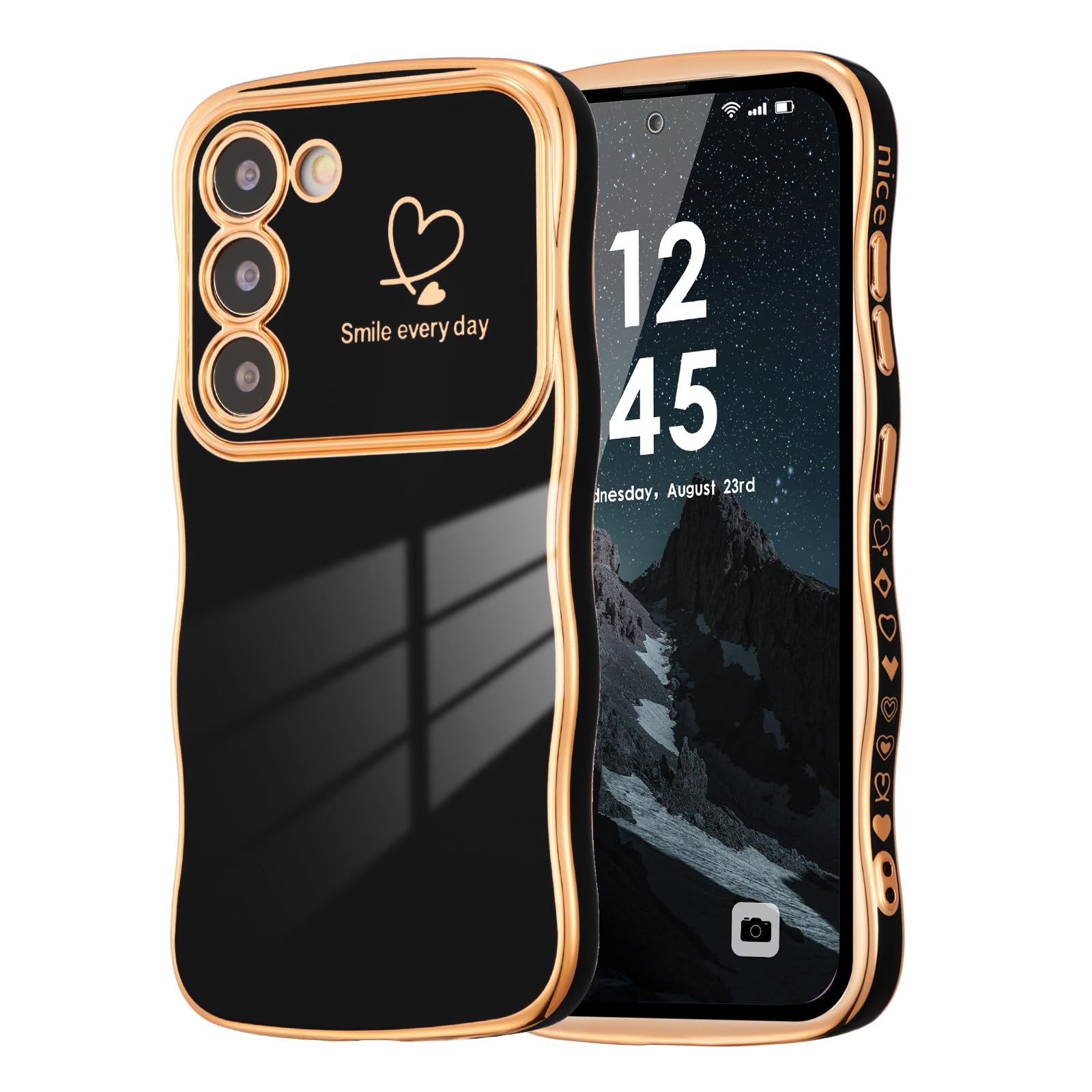 ZTOFERA for Samsung Galaxy S23 5G Case 6.1 inch,Cute Curly Wave Frame Case with Love Heart Pattern,Luxury Plating Edge Full Camera Protection