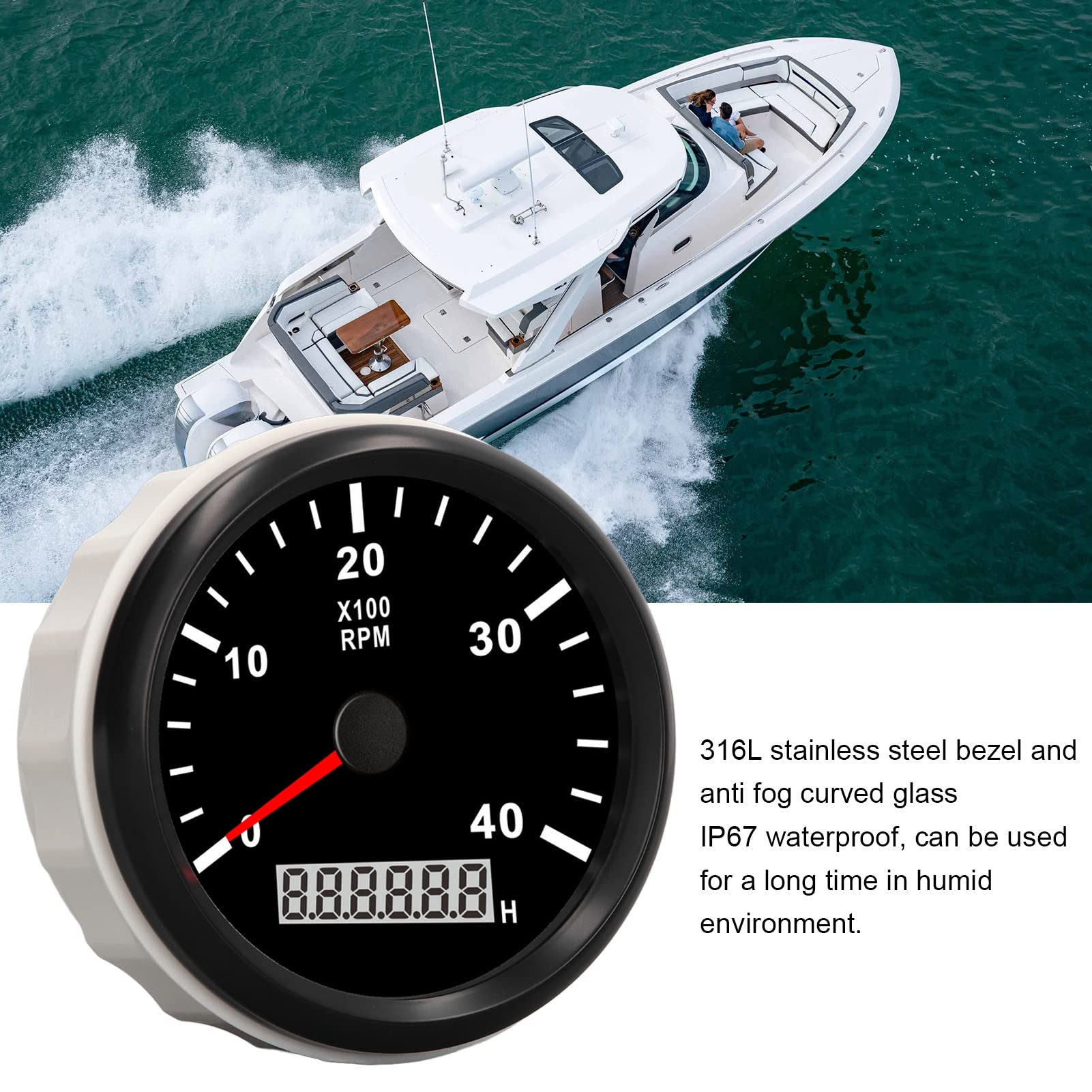 Tacómetro de motor de 3.346 in, 0‑4000 RPM con contador de horas de 0,0‑99999,9 H, IP67, resistente al agua, antivaho, retroiluminado en rojo, tacómetro automotriz para