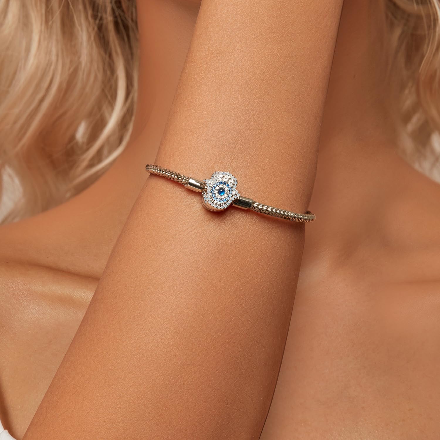 NewL Pulsera con dije de ojo turco para la suerte con colgante de plata de la mano de Fátima