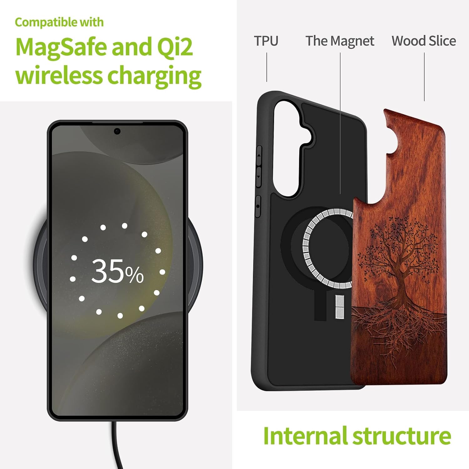 Carveit Magnetic Wooden Case for Samsung Galaxy S25 Case 2025, TPU Shockproof Cover & Wood Artisan Engraved, Compatible with MagSafe Wireless Chargers (The Yin Yang Tree) Rosy
