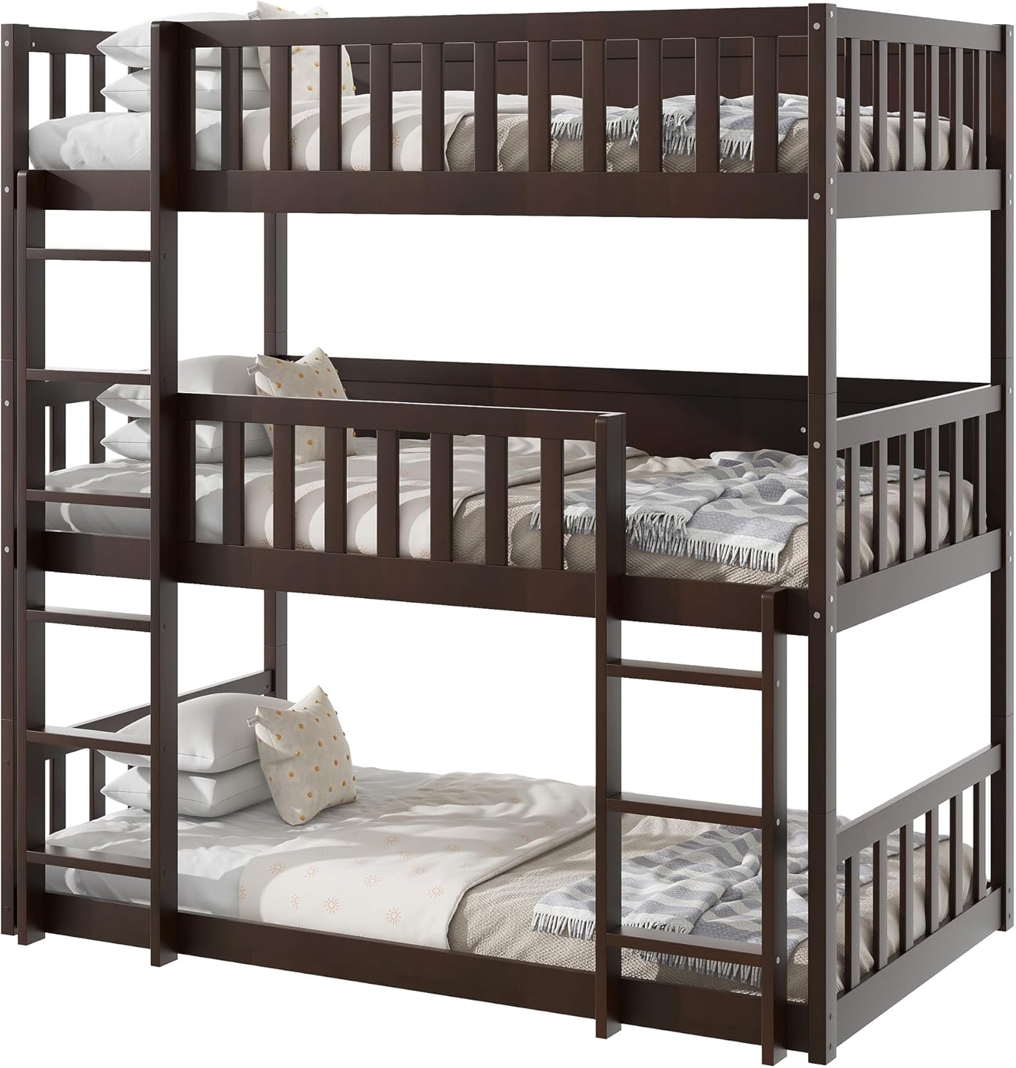 Harper & Bright Designs Twin Over Twin Triple Bunk Bed for Kids, Wooden Bunk Beds with Built-in Ladder, Detachable Bunk Bed for Teens Adults, Box Spring Not Required, Espresso