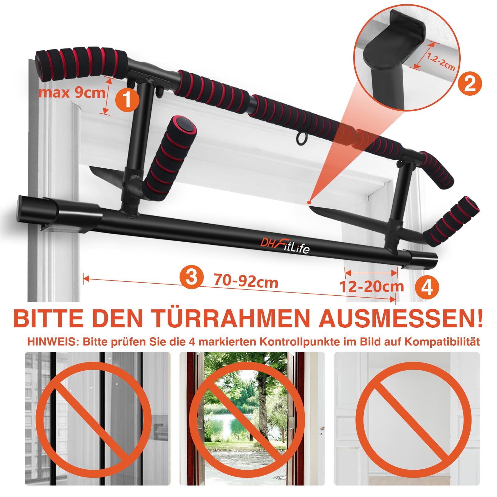 DH FitLife Klimmzugstange Türrahmen ohne Schrauben | Pull up bar Doorway | Reckstange Turnstange Türreck zum Einhängen | inkl. Schlingentrainer | Für Türrahmen 70-92cm