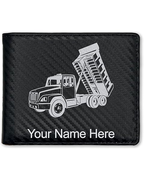 LaserGram Faux Leather Bi-Fold Wallet, Dump Truck, Personalized Engraving Included (Carbon Fiber Black with Silver)