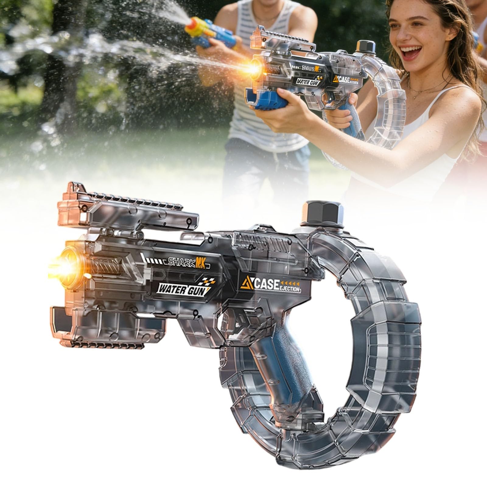 Electric Water Gun for Adults Kids – Automatic Squirt Water Pistol with LED Flame - Summer Outdoor Pool Beach Party Toy, USB Charging Cable, Circular Storage Clip, Filter Hose