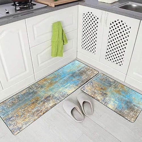 Vista 9 de TOMWISH - Tapetes de cocina para piso, color turquesa, gris, abstracto, pintura artística, 17 x 48 + 17 x 24 pulgadas, juego de alfombras de cocina