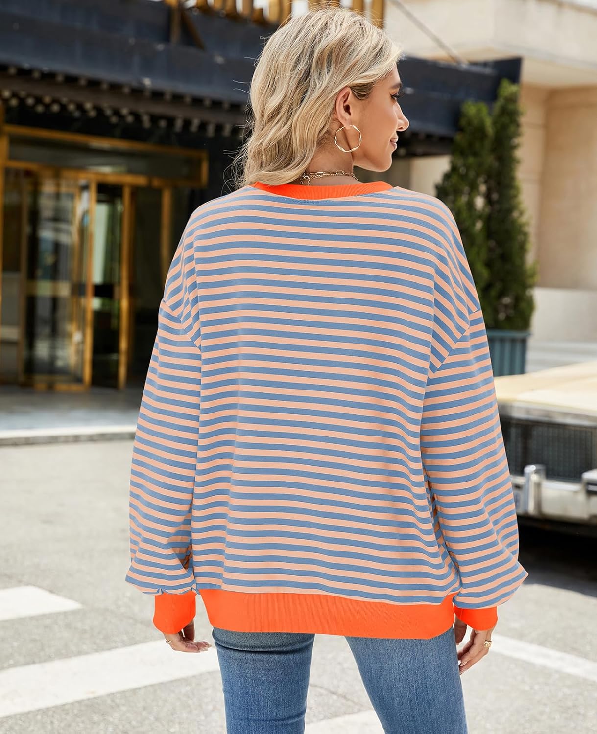 Blostirno Womens Oversized Striped Crewneck Sweatshirt Long Sleeve Colorblock Hoodies Shirts Fall Pullover Tops - Image 5