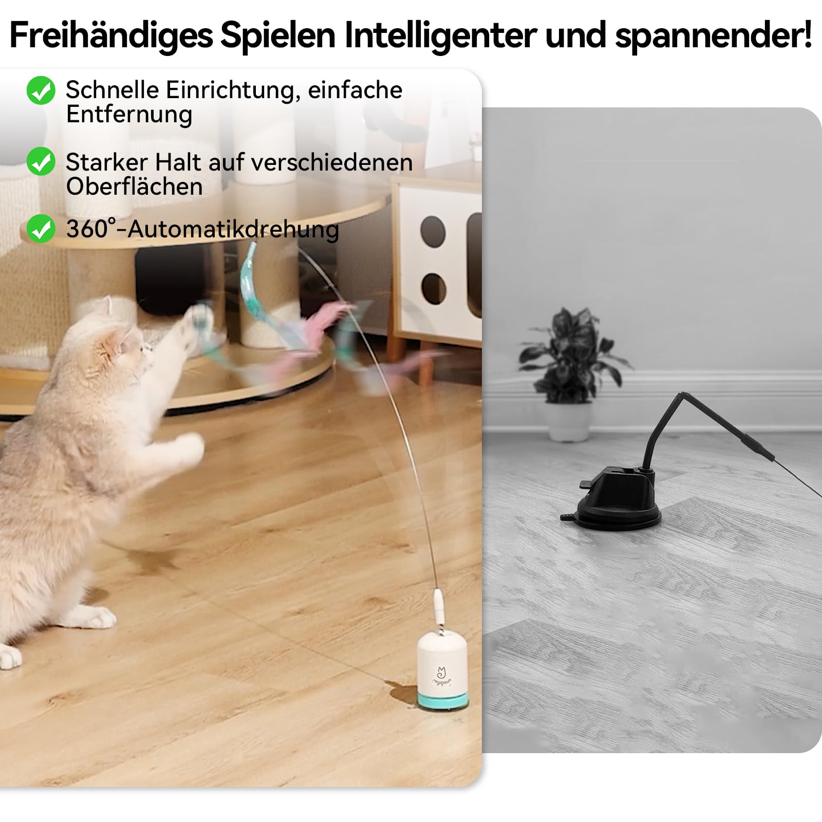 Migipaws Interaktives Katzenspielzeug mit starkem Saugnapf, 70 cm flexiblem Draht und DIY Biegedesign, Katzenangel mit Federn & Auto-Timer, Katzenspielzeug selbstbeschäftigung,wiederaufladbar