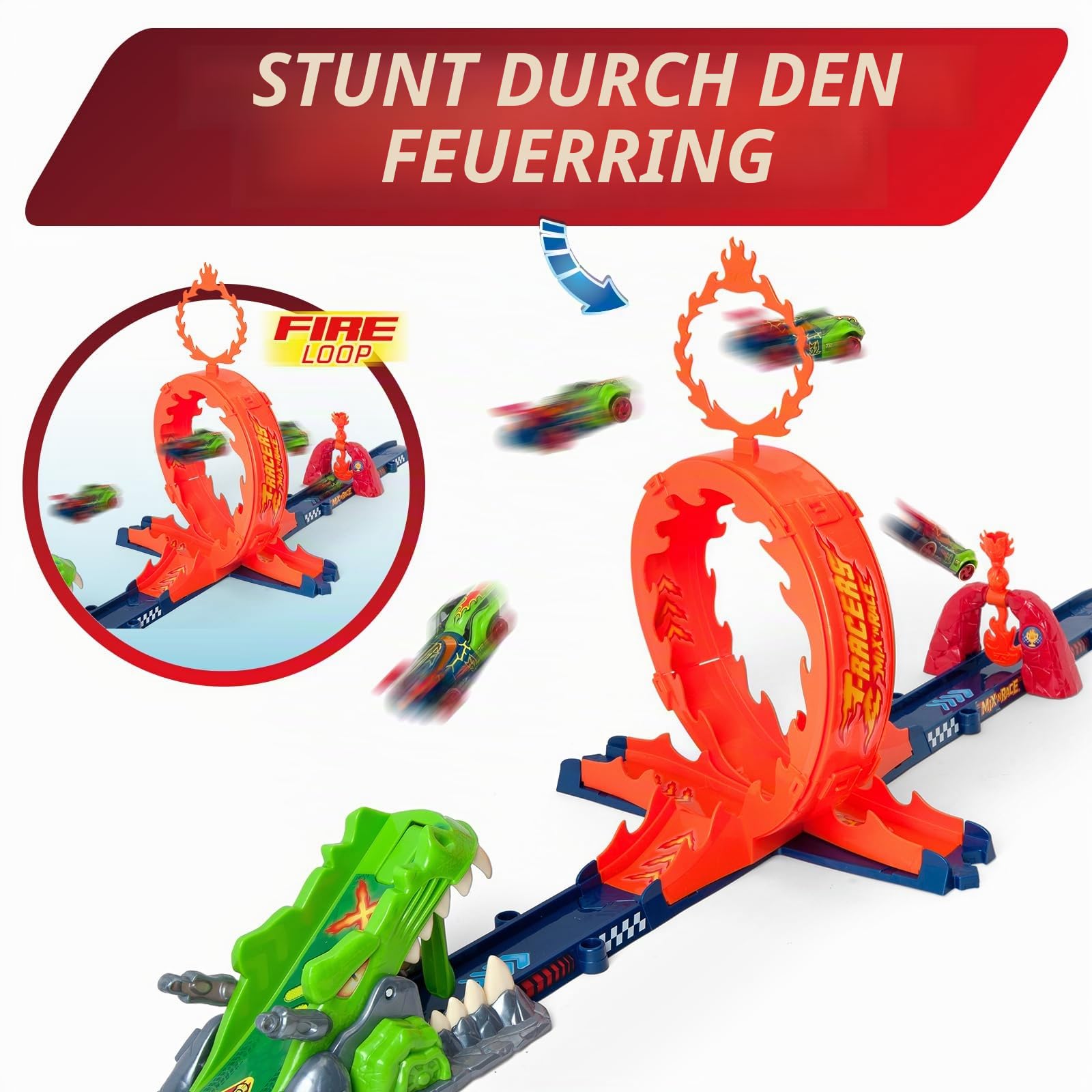 T-Racers Mix 'N Race Volcanosaurus Piste für Spielzeugautos, enthält 1 Auslöser, 3 Pisten, 1 Exklusives Nitro Rex Auto und 4 Stunts