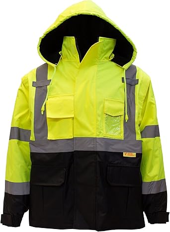 NY Hi-Viz Workwear J8511/J8512 Mens Ansi Class 3 High Visibility Safety Jacket With Zipper, PVC Pocket, Black Bottom