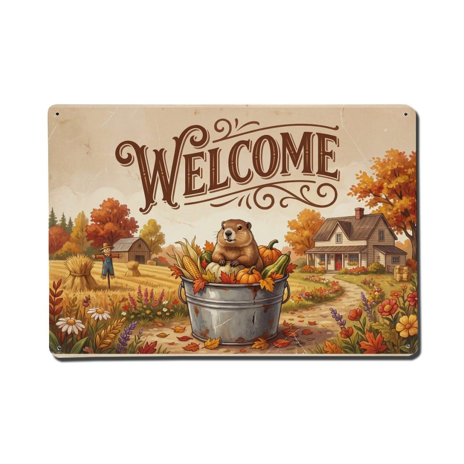 Vintage Welcome Groundhog Farmhouse Metal Tin Sign