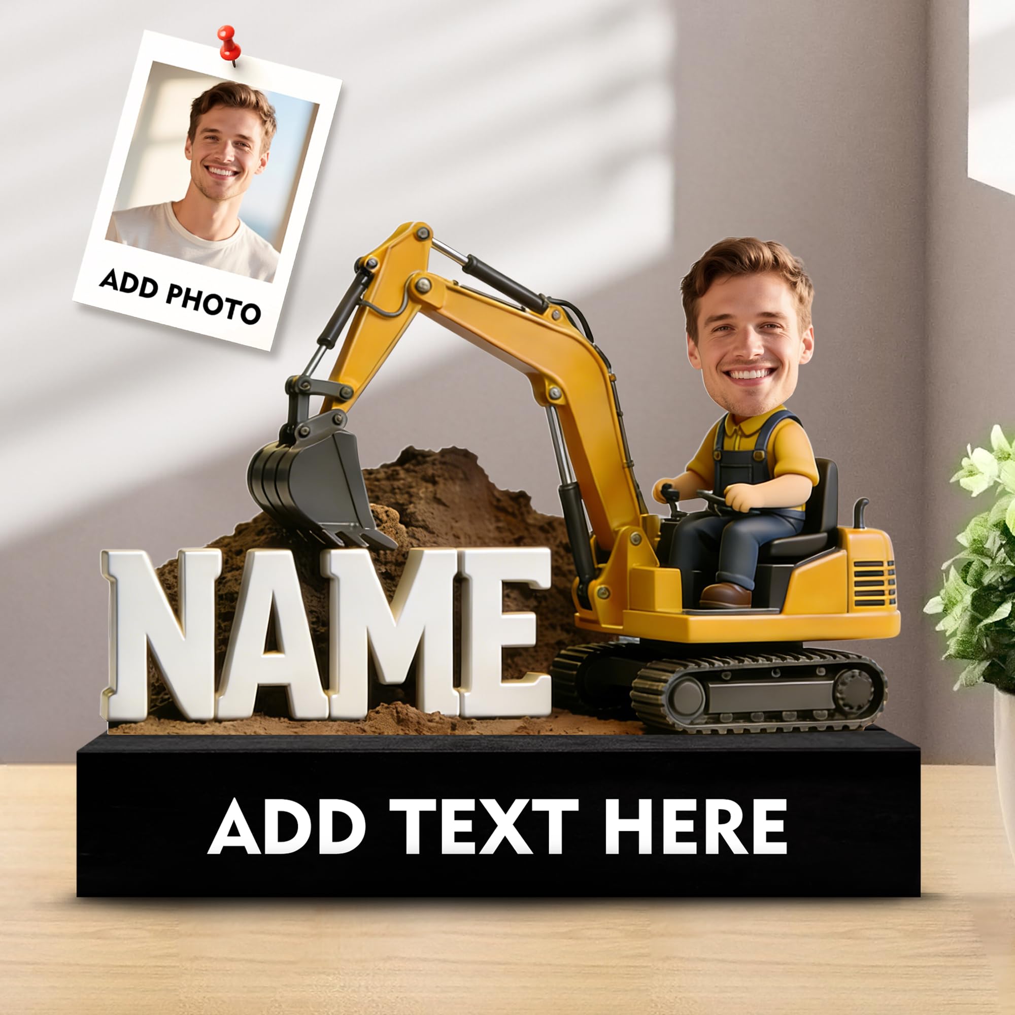 SosnSusn Personalized Excavators Driver Figurine Acrylic Desk Ornament, Custom Photo Figures Cartoon Style Name Plate for Desk Desktop Decor Plaque Home Decor Gift’s for Husband Dad Men Women