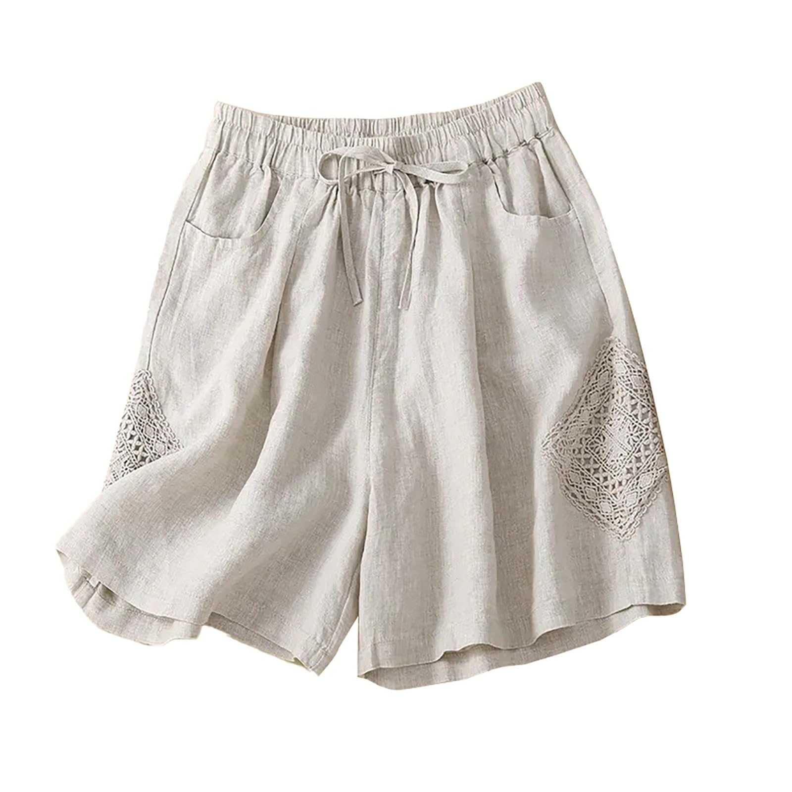 Generisch Pantalones cortos de mezclilla para mujer, pantalones cortos de lino para mujer, pantalones cortos de algodón de cintura alta, pantalones de pierna ancha, cintura elástica, pantalones cortos