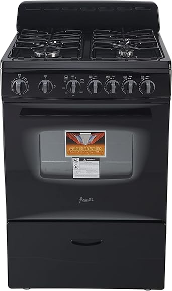 Avanti GR2415CB Gas Range Oven Compact Freestanding Design, 4 Sealed Burners with Electronic Ignition, 2.6 Cu.Ft. Capacity Features Storage Drawer Broiler and Accessories, 24-Inch, Black