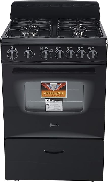 Avanti GR2415CB Gas Range Oven Compact Freestanding Design, 4 Sealed Burners with Electronic Ignition, 2.6 Cu.Ft. Capacity Features Storage Drawer Broiler and Accessories, 24-Inch, Black