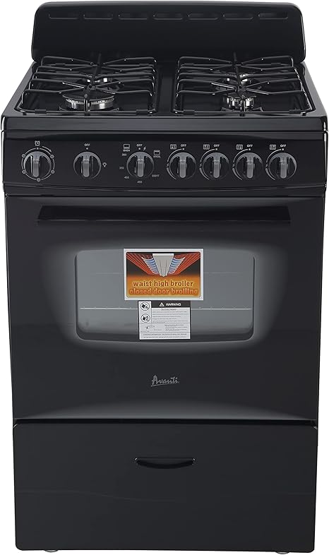 Avanti GR2415CB Gas Range Oven Compact Freestanding Design, 4 Sealed Burners with Electronic Ignition, 2.6 Cu.Ft. Capacity Features Storage Drawer Broiler and Accessories, 24-Inch, Black