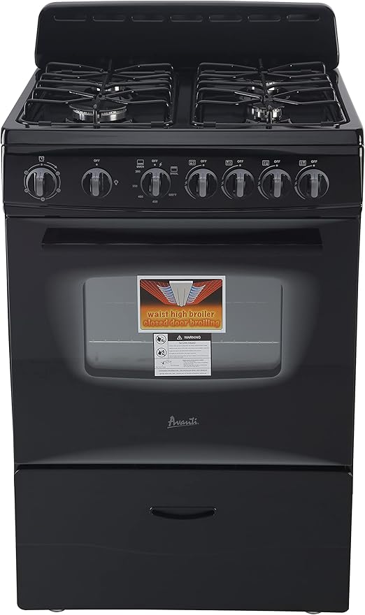 Avanti GR2415CB Gas Range Oven Compact Freestanding Design, 4 Sealed Burners with Electronic Ignition, 2.6 Cu.Ft. Capacity Features Storage Drawer Broiler and Accessories, 24-Inch, Black