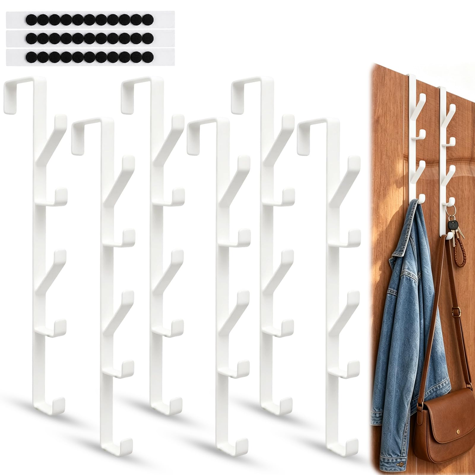 HENHIIO 6 PCS Over Door Hanger,Vertical Over Door Hooks with 5 Hooks(White)