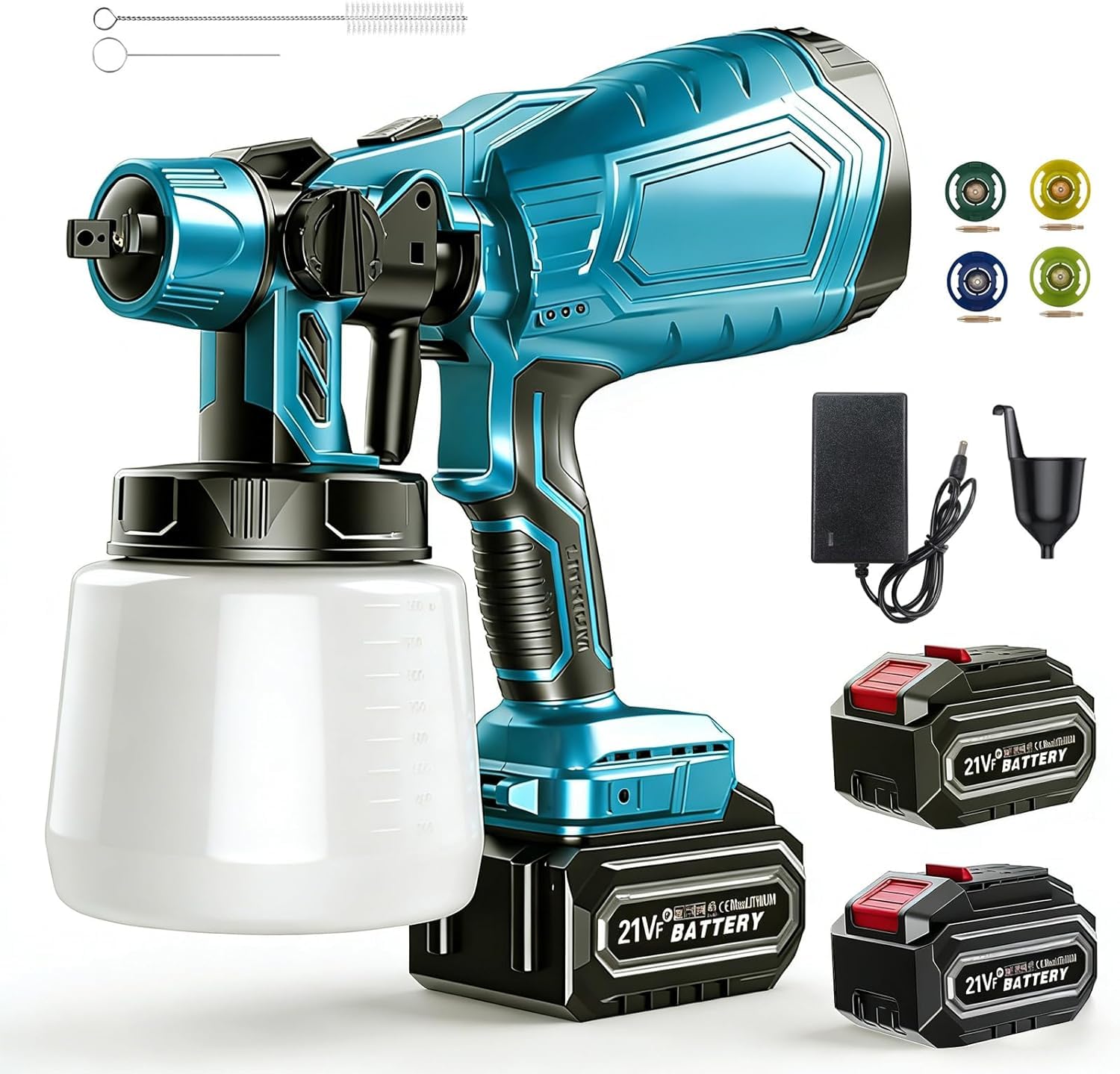 Pistola de Pintura Inalámbrica con 2 Baterías 5000mAh, Pistola Eléctrica HVLP 1000ml con 5 Boquillas y 3 Patrones para Valla, Muebles, Paredes, Techo, Armarios, Interior, Exterior,1battery