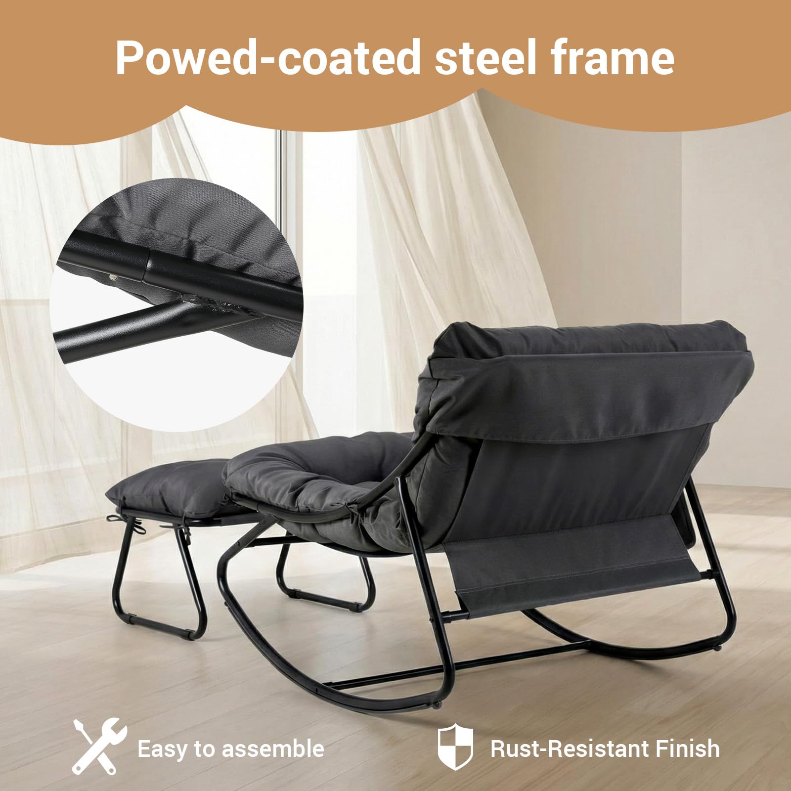 LIFERUN Schaukelstuhl mit Hocker, Patio Schaukelliege, Waterproof, 1 PCS | Schaukelsessel mit Gepolsterter, bis 150 kg Belastbar, für Garten Balkon Wohnzimmer Hof Schlafzimmer Terrasse, Grau