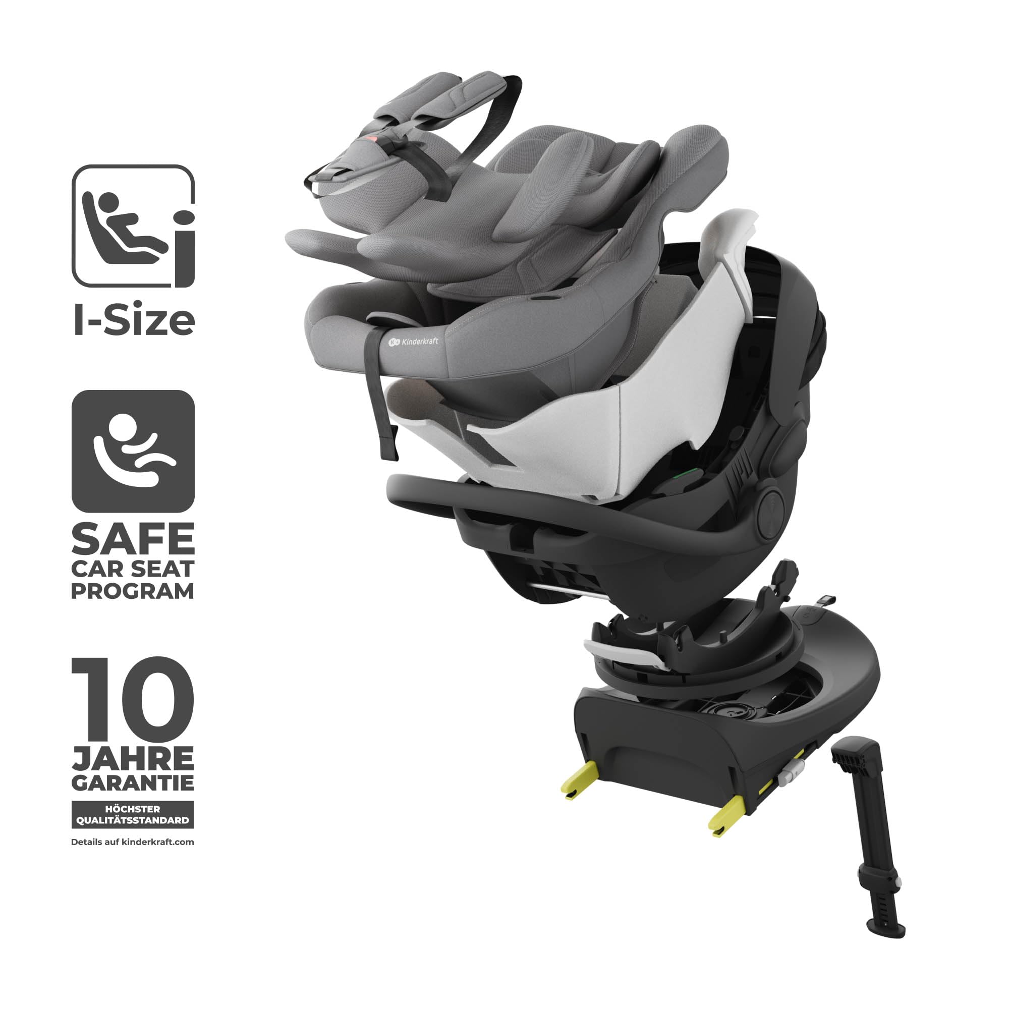 KINDERKRAFT ENDURA SAFE MODULAR SYSTEM, 3in1, für Kinder und Säuglinge, Autokindersitz, drehbare Basis (90°), ultraleicht (3,2 kg), Premium-Polsterung, Kopfschutzsystem, Grau