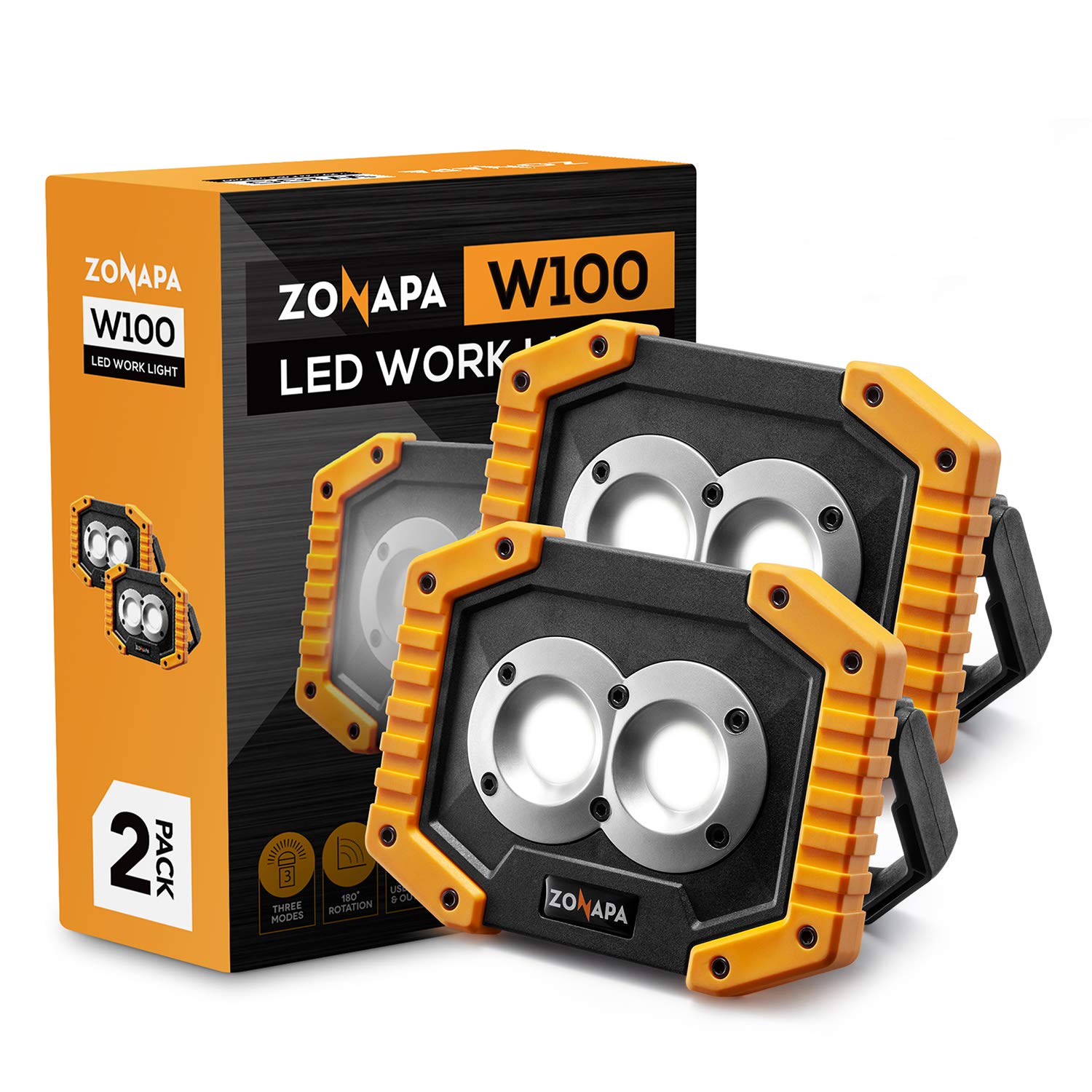 ZONAPA Portable LED Work Lights, 2 Pack, Super Bright and Rechargeable Floor Lighting with Stand and Built-In Power Bank, Waterproof for Indoor or Outdoor Emergency Use