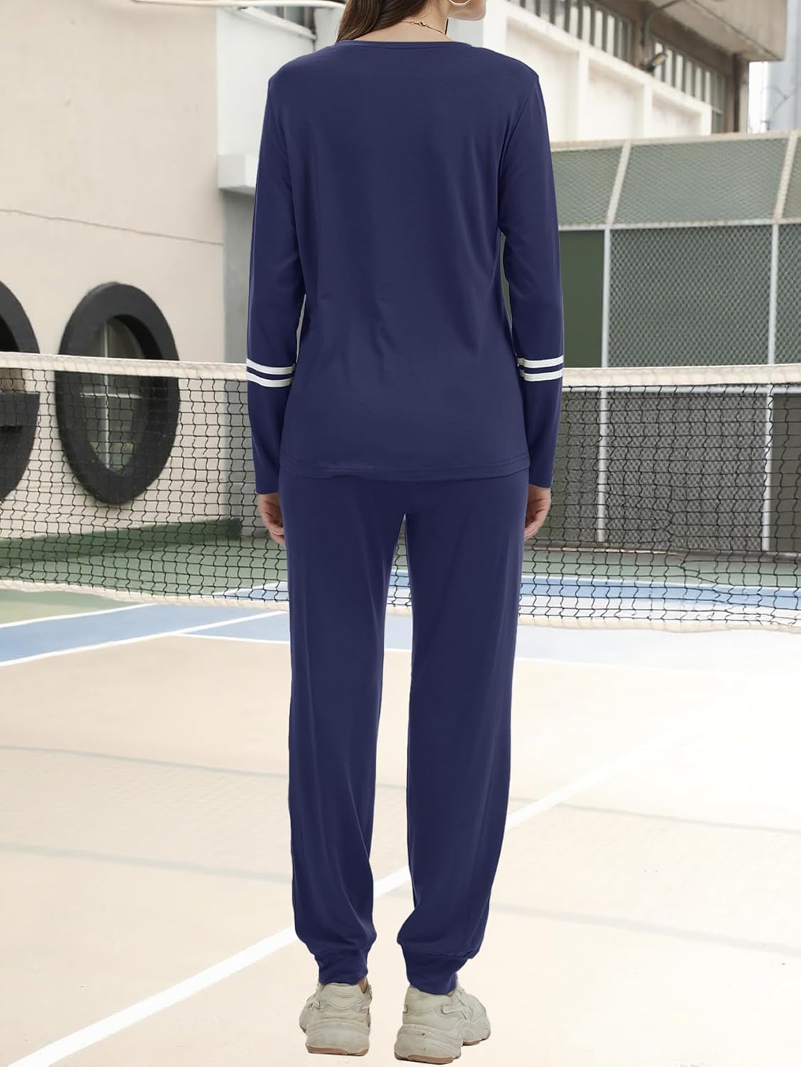 Women 2 Piece Outfits Crew Neck Striped Long Sleeve Casual Sweatsuit Lounge Set Tracksuits Pajama Pullover with Pocket - Image 3