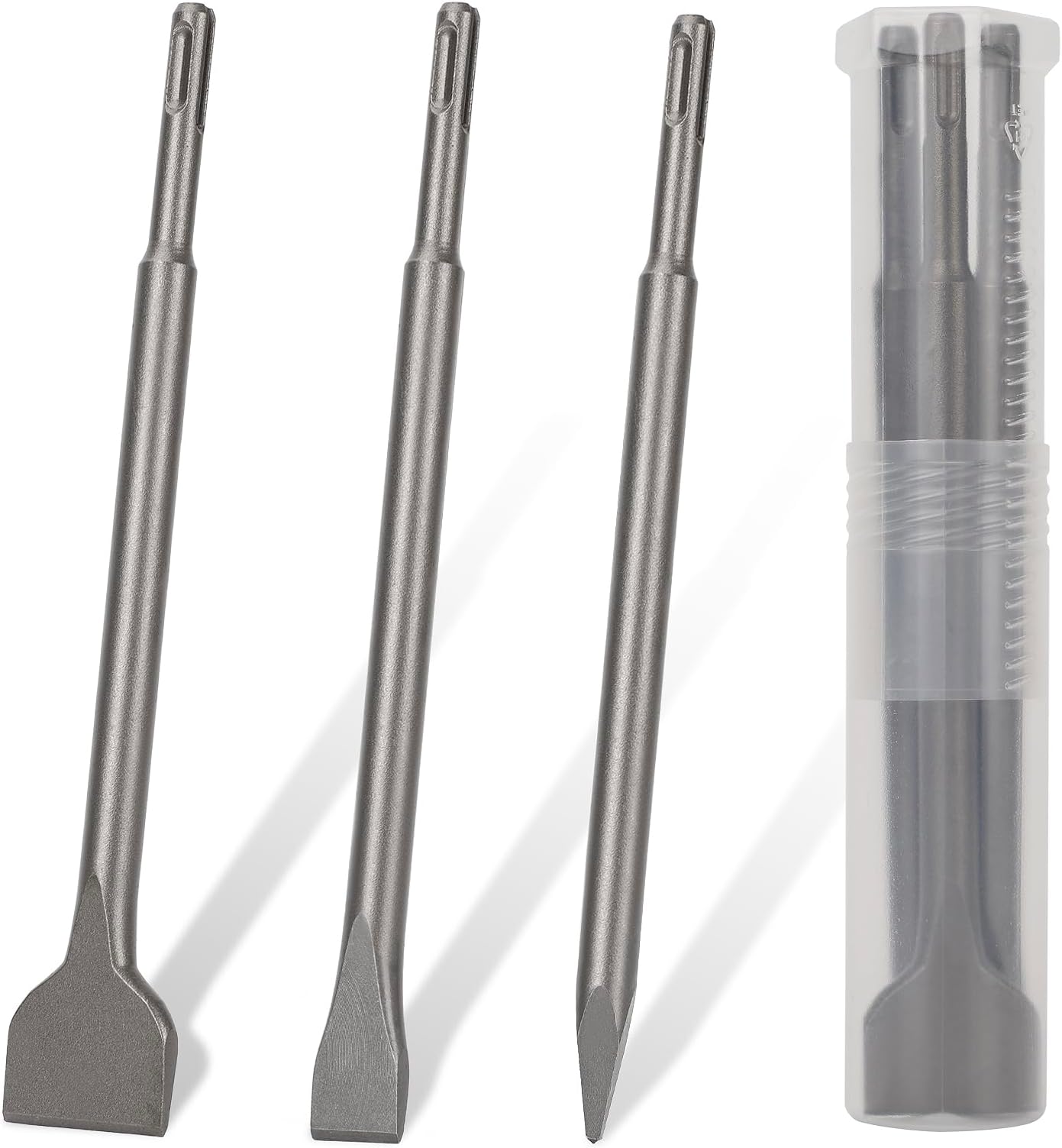 3PCS SDS Plus Chisel Set for Rotary Hammer Drill Attachments, Tile Removal Chisel Bits, Alloy Steel Point Flat Scaling Chisels with Storage Case, SDS Plus Bits for Demolition Chipping Grooving Cement