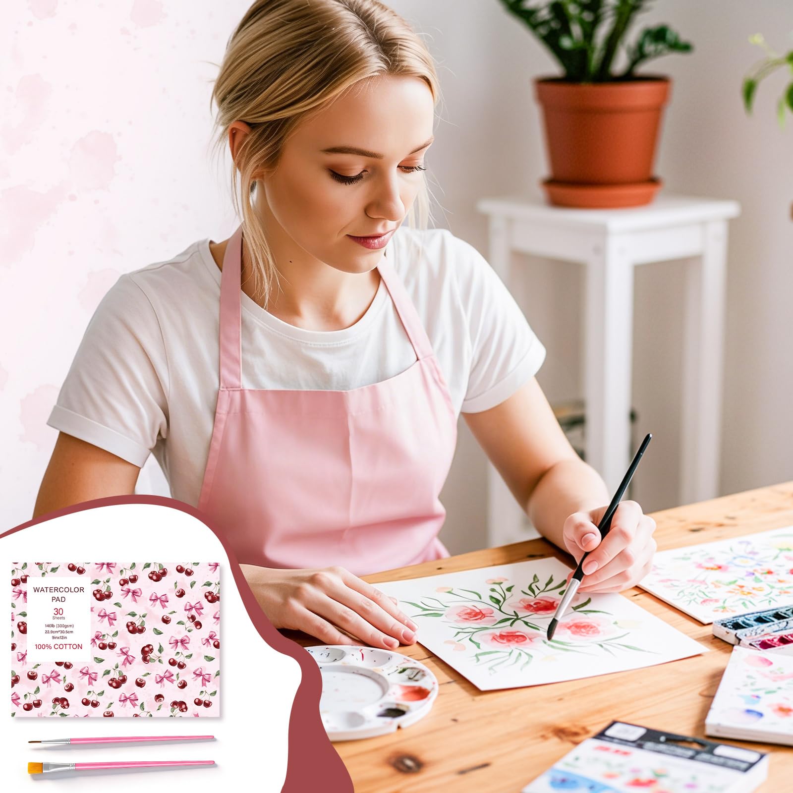 Aquarellpapierblock mit 2 Aquarellpinseln, 22,9 x 30,5 cm, 300 g/m² Wasserfarbenpapier, kaltgepresst, reißbar, Aquarell-Skizzenbuch zum Malen, 30 Blatt