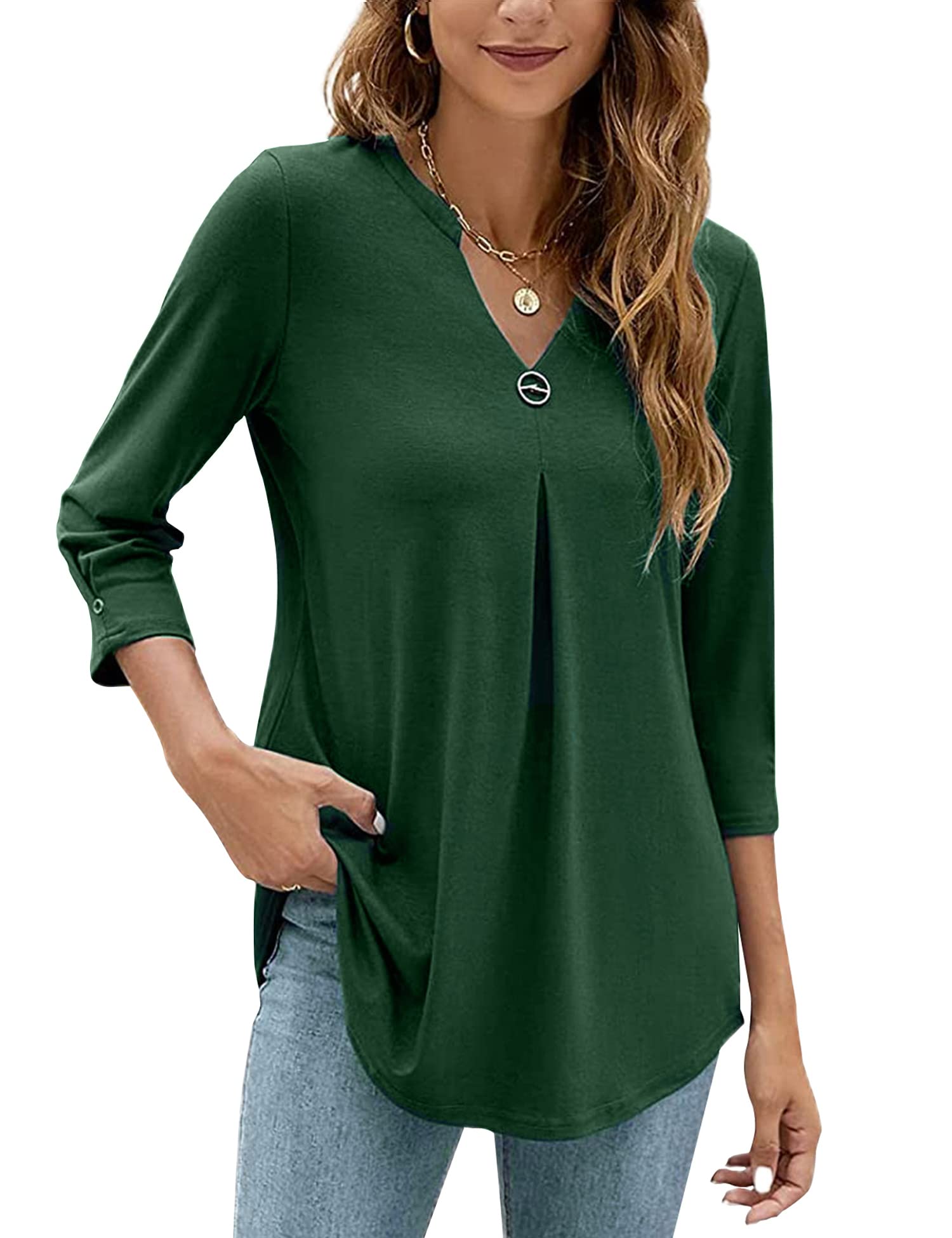 HANERDUN Damen Bluse V-Ausschnitt Elegant 3/4 Ärme Hemden Casual Shirt Flowy Longshirt Lässige Tops