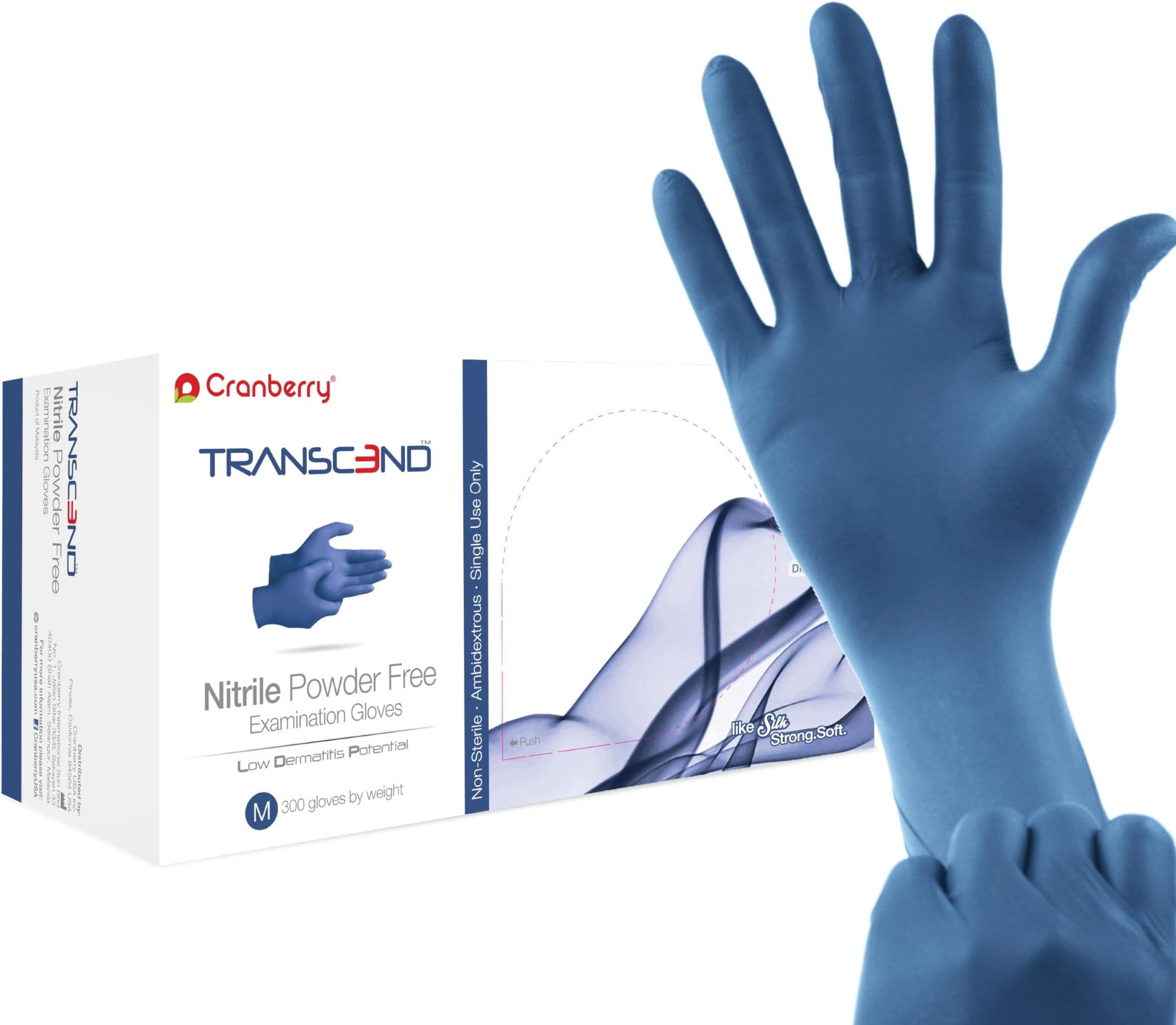 Cranberry Transcend Matte Blue Nitrile Exam Gloves, Pack of 300, Large, Fentanyl Resistant, Chemo Drug Tested, Low Dermatitis Potential, 2.5 Mil