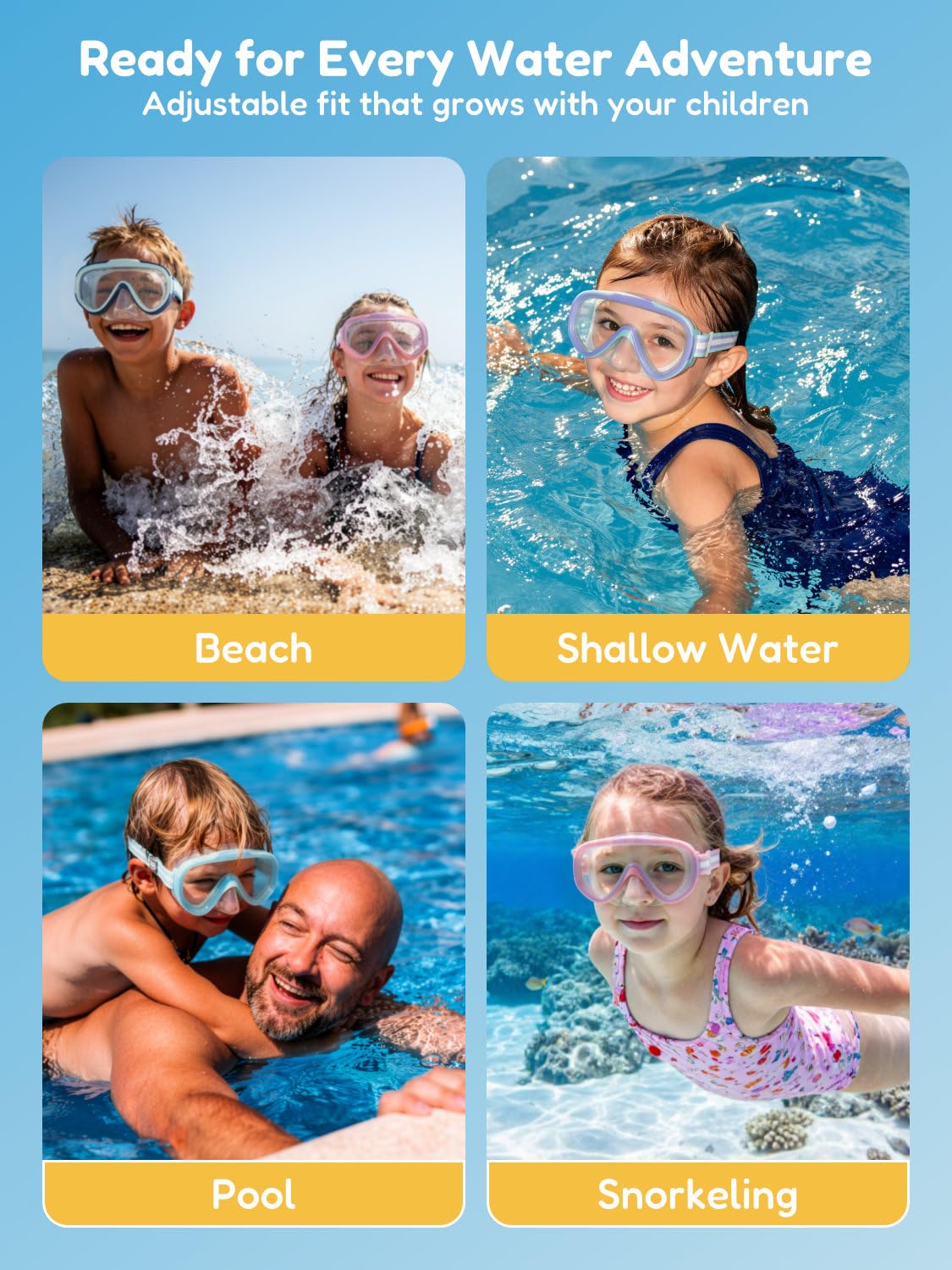 ACURE Gafas de natación para niños y niñas de 3 a 14 años, juego de máscara de esnórquel antivaho con cubierta para la nariz y correa de tela, máscara de buceo para niños en piscina para jóvenes