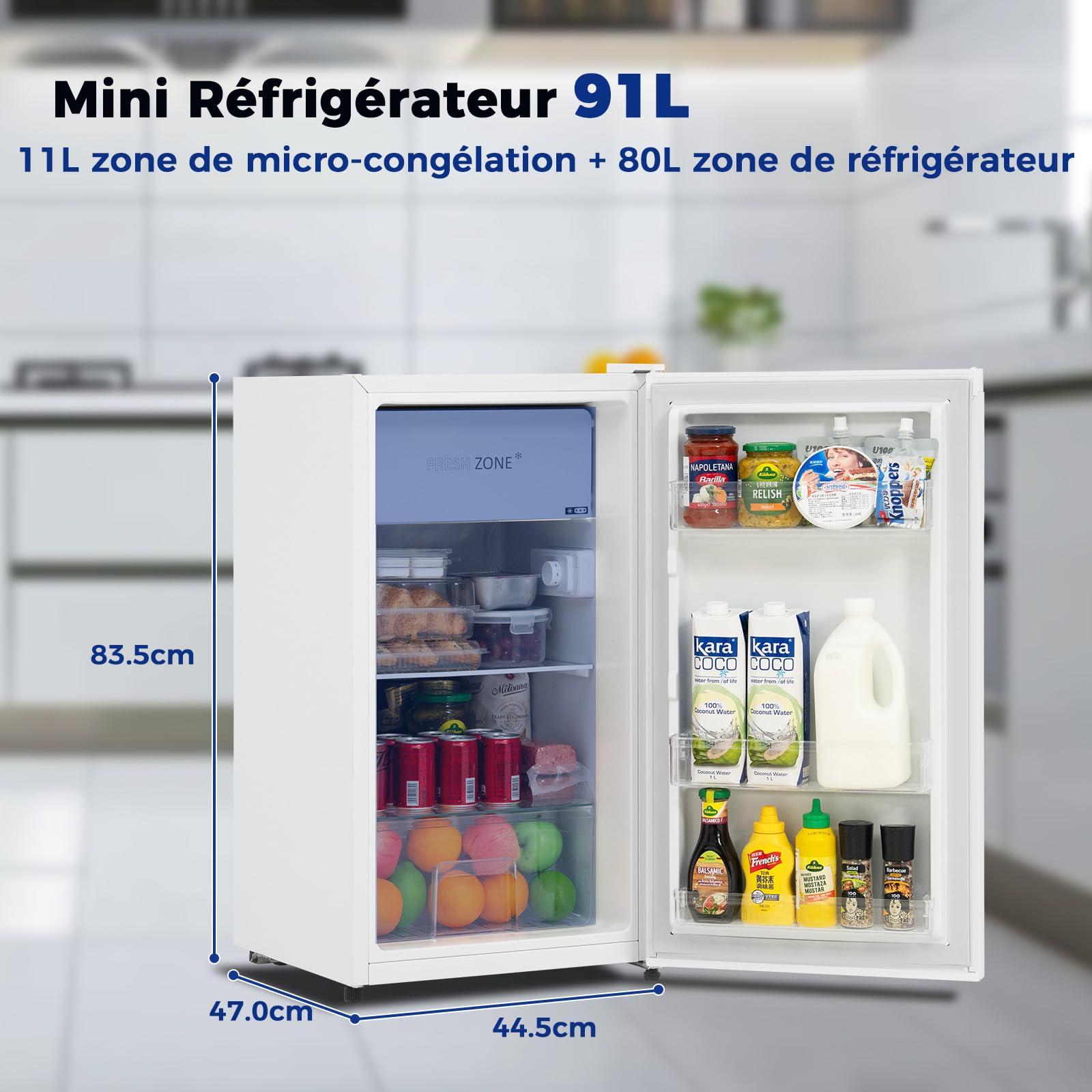 Smad Mini Frigo, 91L, Thermostat Réglable à 7 Niveaux, 2-8℃, Zone de Fraîcheur -3-0℃, Porte Réversible, Petit Frigo Silencieux pour Chambre, Hôtel, Studio, Bureau, Blanc