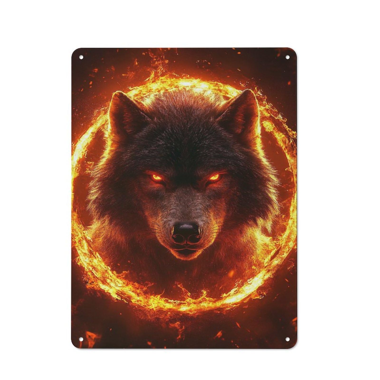 Junmoney Style-23 Workshop Style Fiery Wolf With Glowing Eyes Tin Sign 40X30cm, Industrial Wall Art For Garage, Hobby Room, Office Or Man Cave