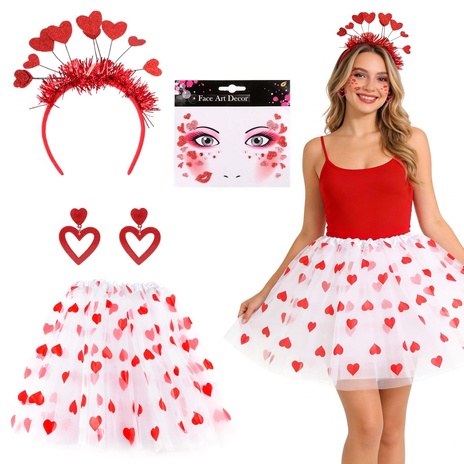 Disfraz de Cupido para Mujer, 4 Piezas Accesorios San Valentin, Diadema de Corazon Rojo Tutu Blanco Pendientes Corazón Pegatinas para Tatuajes Faciales para San Valentín, Carnaval, Fiesta