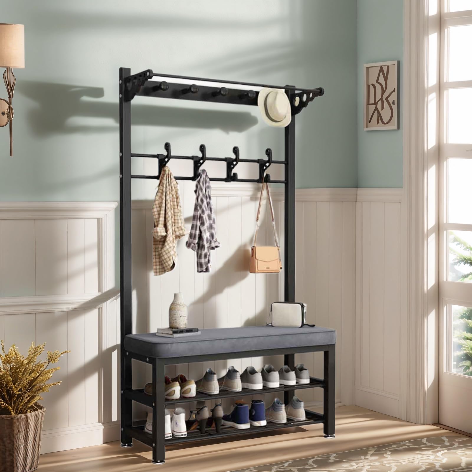 GYEQXKT Freestanding Entryway Hall Tree with Bench and Shoe Rack - Metal Frame with Soft Cushions and Double-ended Hooks for Hallway or Mudroom