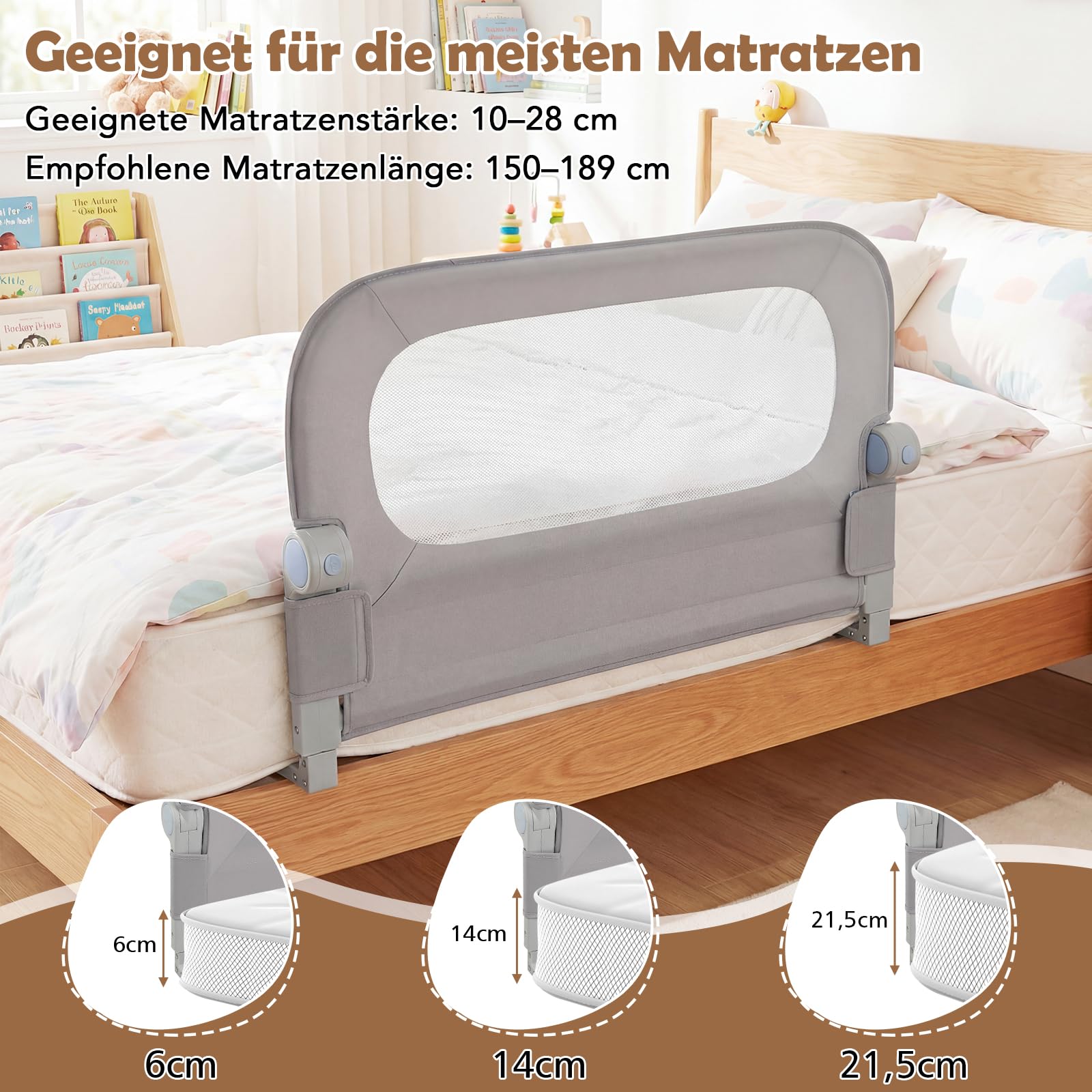 COSTWAY Bettgitter klappbar, 80 x 60 cm Bettschutzgitter mit abnehmbarem Oxford-Bezug, U-förmigem Gestell & Gurt, Kinderschutzgitter, Rausfallschutz für Kinderbett Elternbett Boxspringbett (Grau)