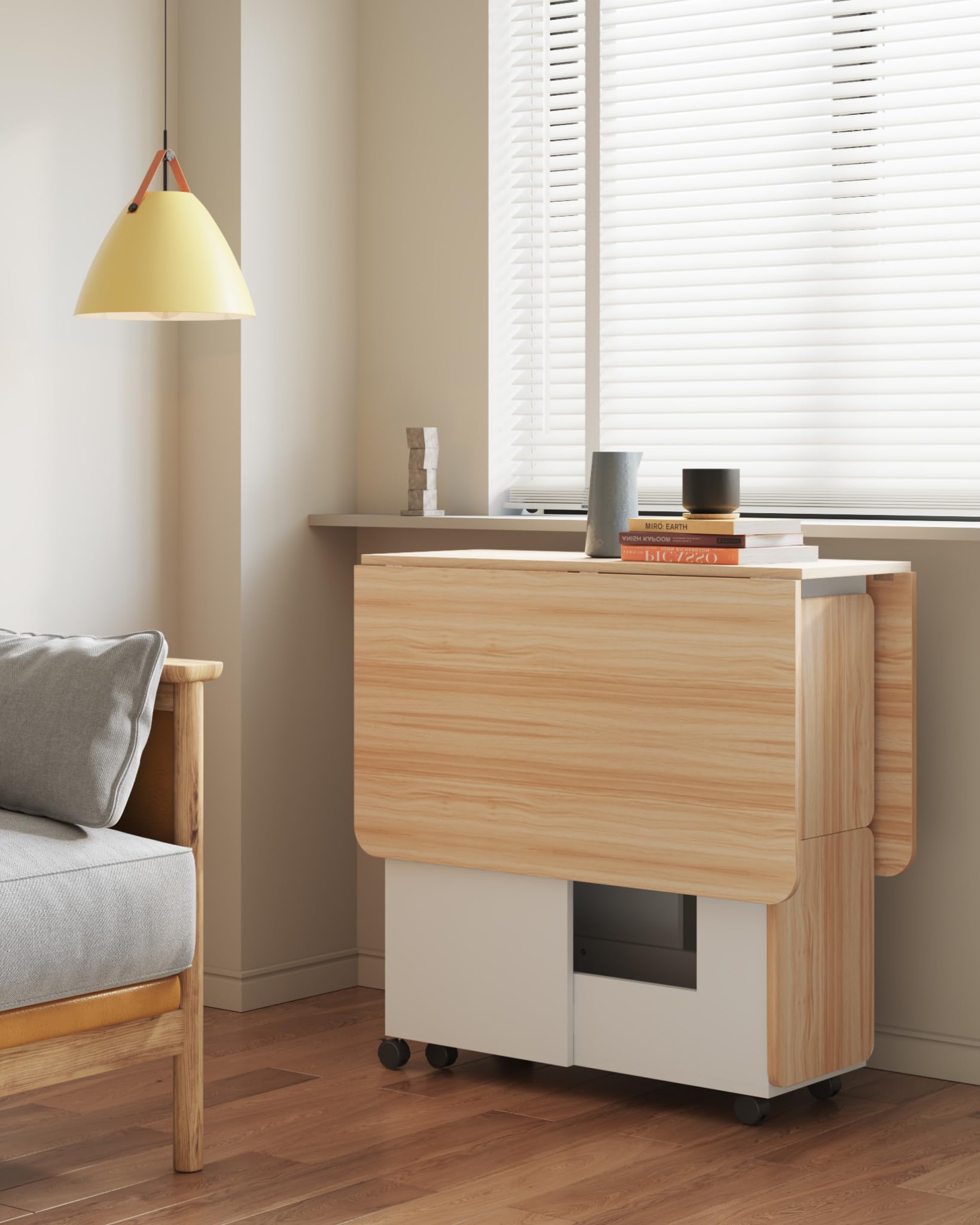 Mondeer Ensemble Table à Manger avec 4 Chaises, Ensemble Table à Manger Pliable avec Chaises pour Petits Espaces avec Etagères de Rangement, 120 x 80 x 80 cm, Chêne et Blanc