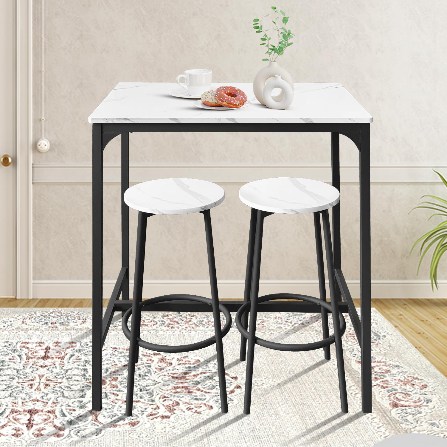 AT-VALY Juego de mesa de bar de 3 piezas con 2 taburetes, juego de mesa de comedor, espacios pequeños (negro)