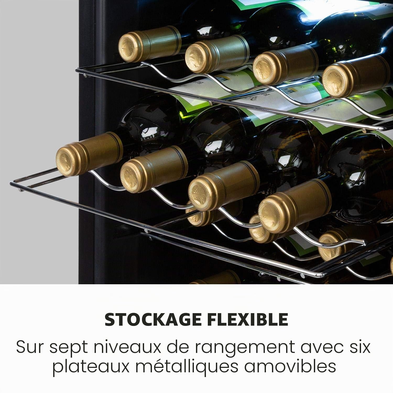 KLARSTEIN Barolo - Cave à vin, Porte en verre, Tiroirs métalliques, Eclairage intérieur LED, Facile à nettoyer, 70 litres, 28 bouteilles - Noir