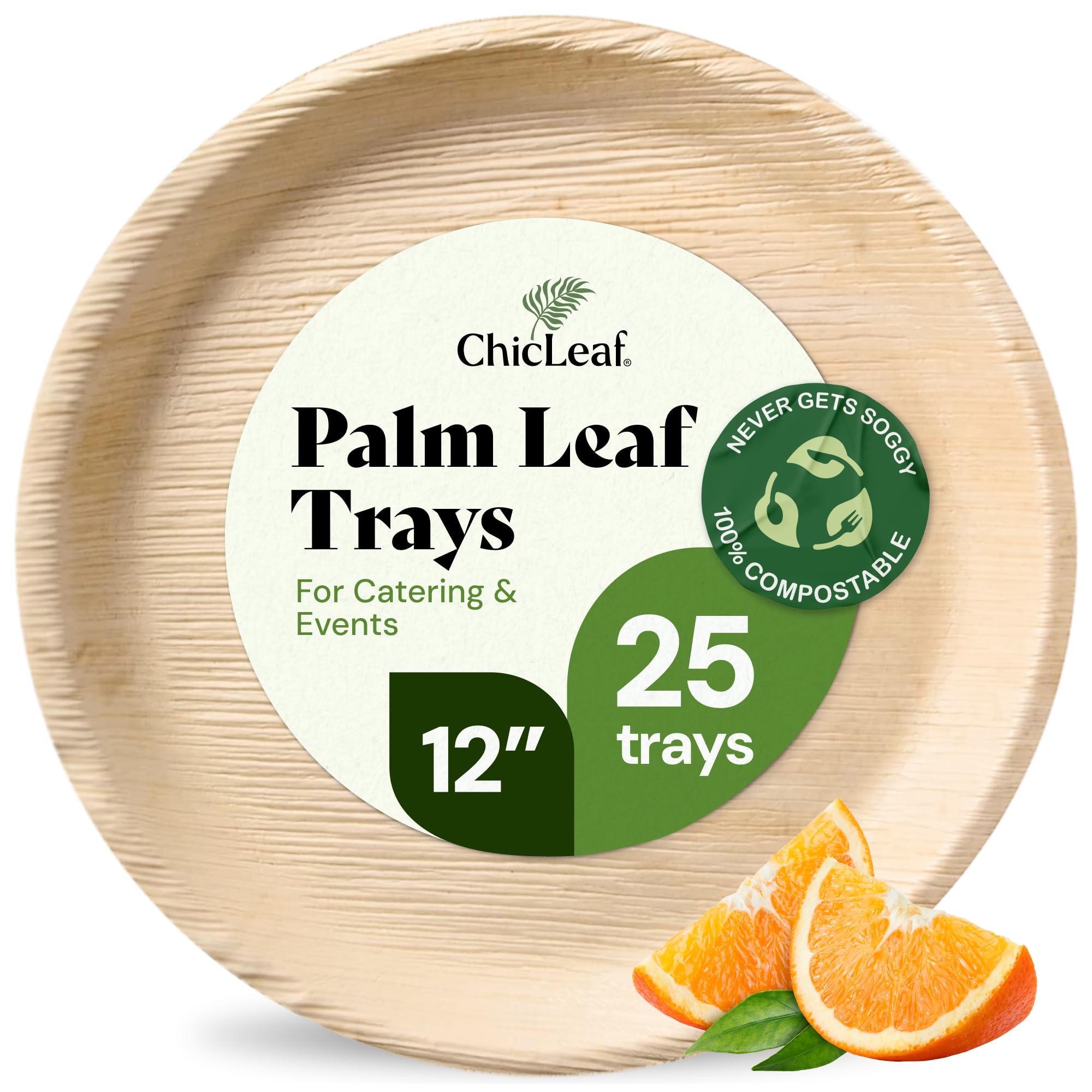 Chic Leaf 100% Compostable Disposable Palm Leaf Tray - Paper Plates Alternative - Disposable Charcuterie Boards Accessories - Round Bamboo Plates (12'', 25 Count)