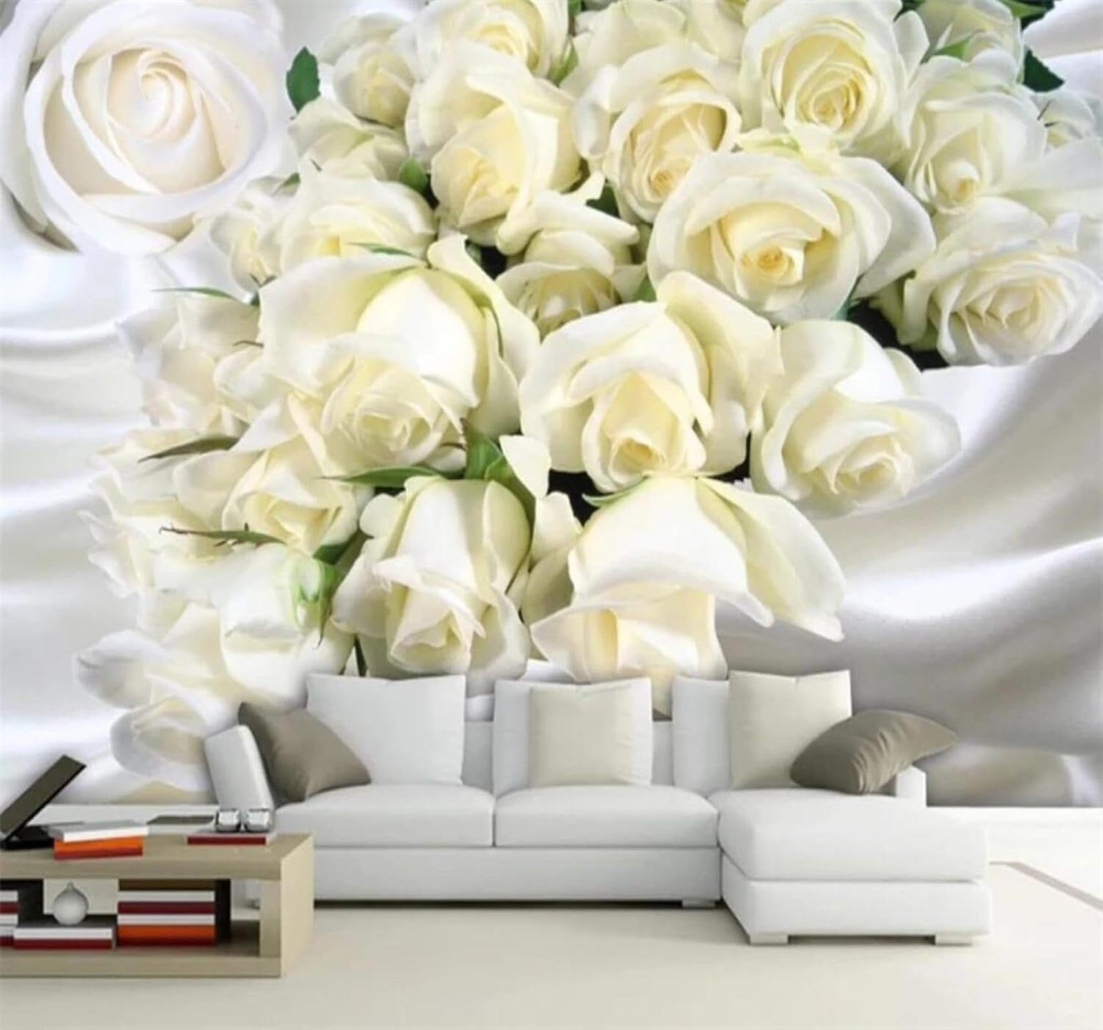 XLMING Three Dimensional Beautiful Romantic White Rose Silk 3D Wallpaper Silky Texture Home Study Office Grey Dining Room Sofa Bedroom Living Room TV Backdrop-150cm×105cm